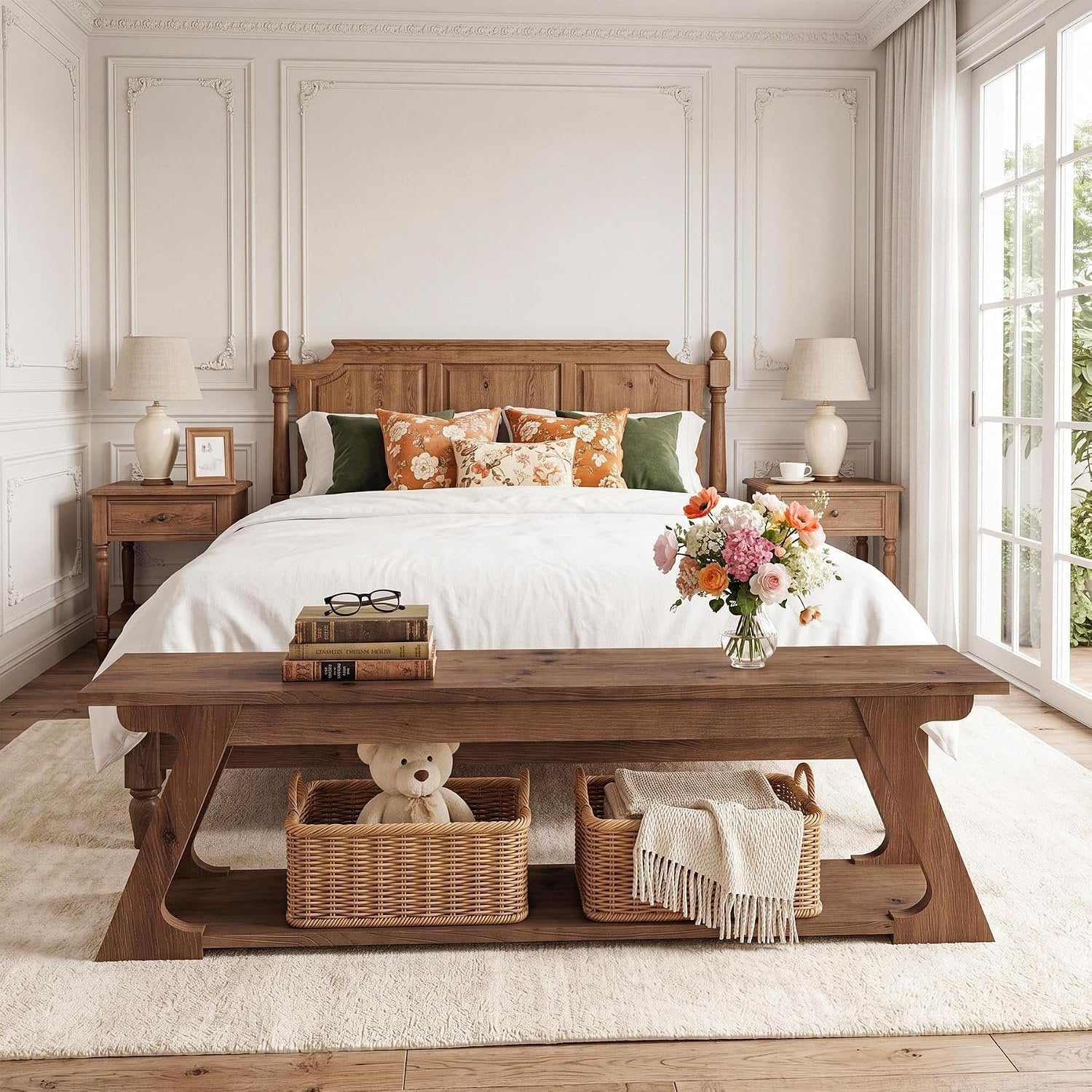 Banc de lit en bois massif de 150 cm de long avec compartiment de rangement, Long banc d'entrée en bois, banc d'intérieur rustique