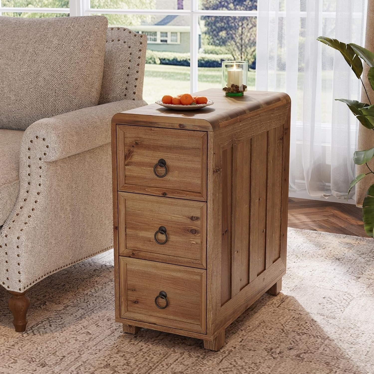 Tribesigns Table d'appoint étroite en bois massif avec 3 tiroirs pour salon, Table de chevet fine, table d'appoint