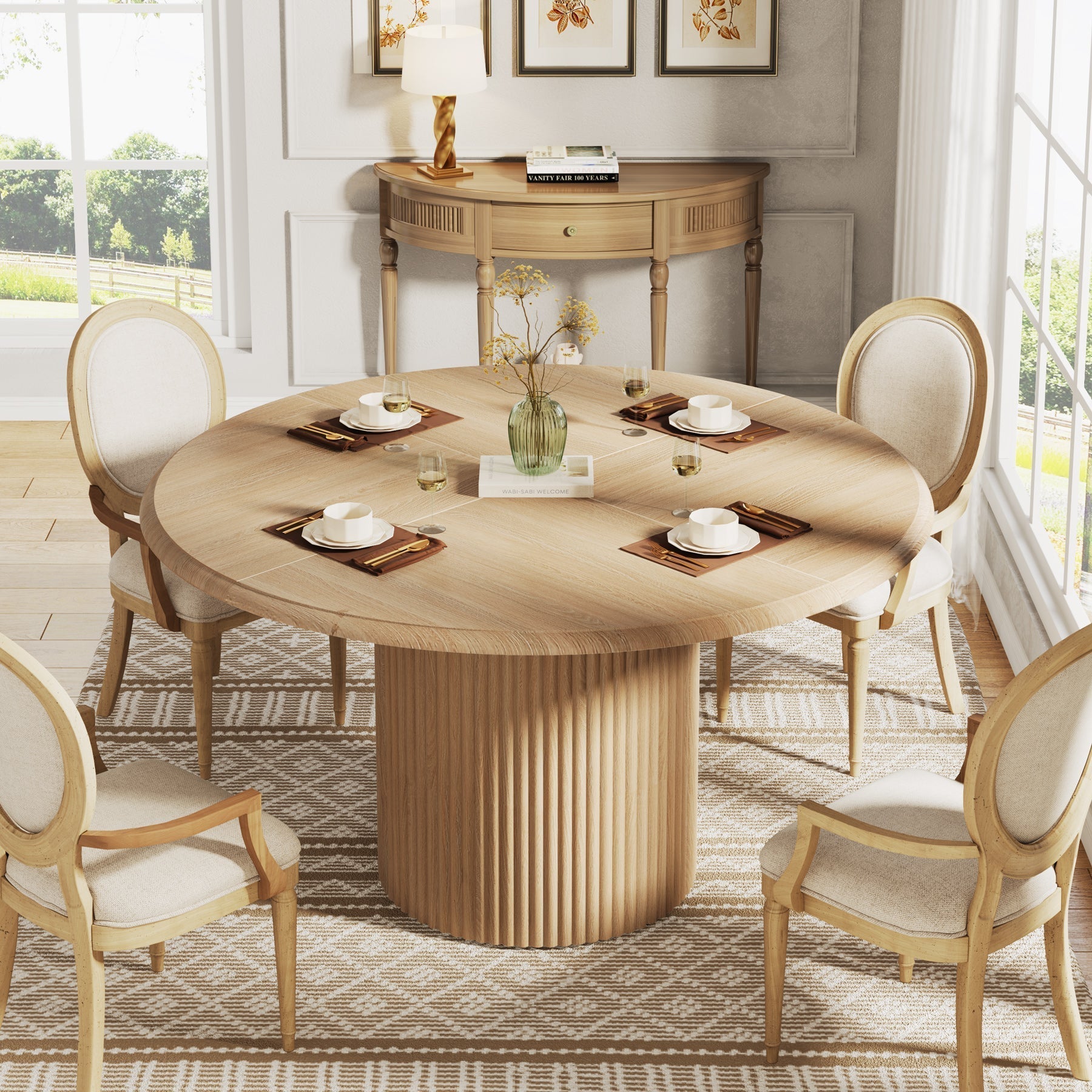 Tribesigns Table de salle à manger ronde, Table de cuisine de style campagnard de 120 cm avec piètement en métal pour 4 personnes