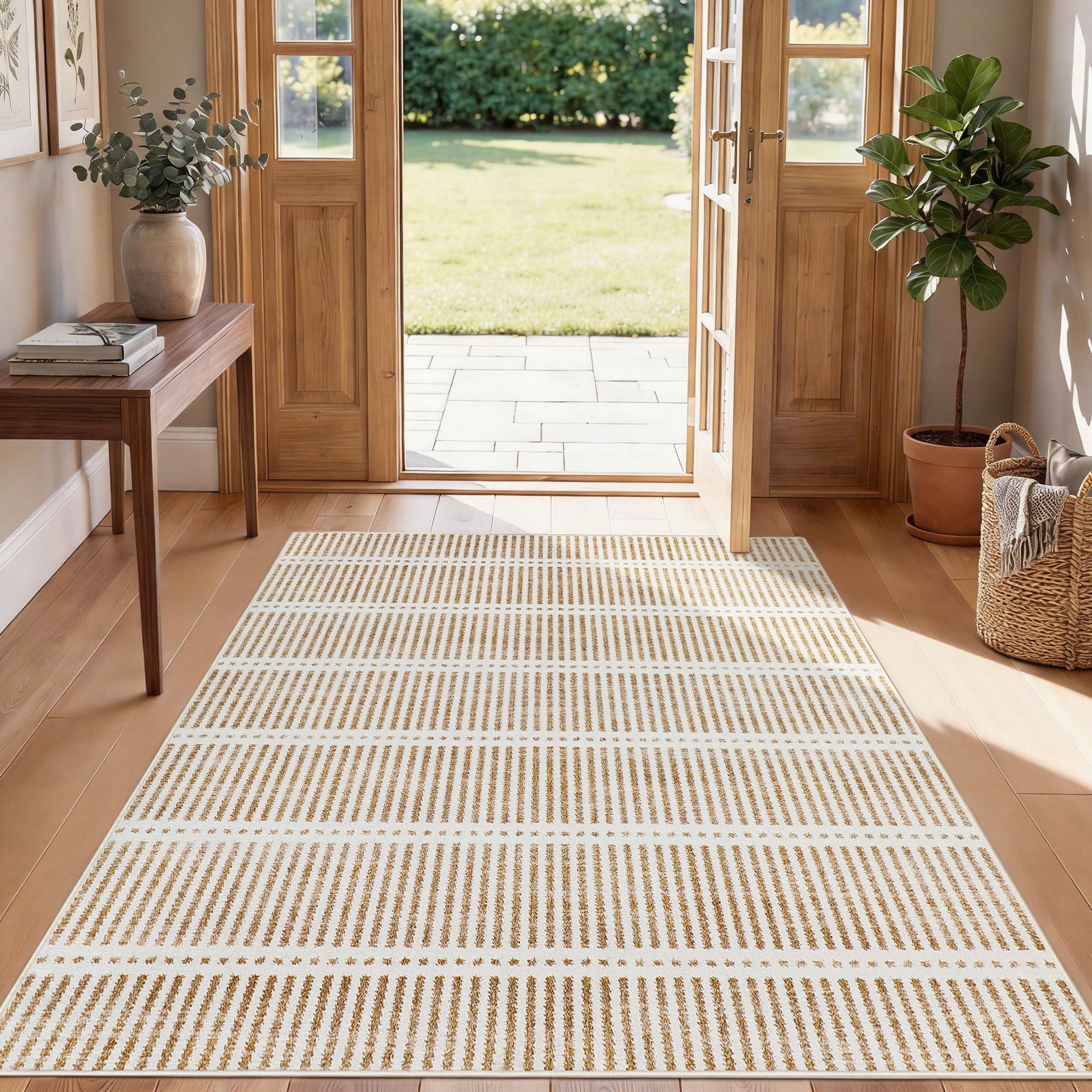 Tribesigns Tapis Ultra-Fins Lavables 160 x 230/200 x 300 cm, Tapis Rayés Antidérapants Style Campagne pour Salon et Chambre, Certifiés OEKO-TEX