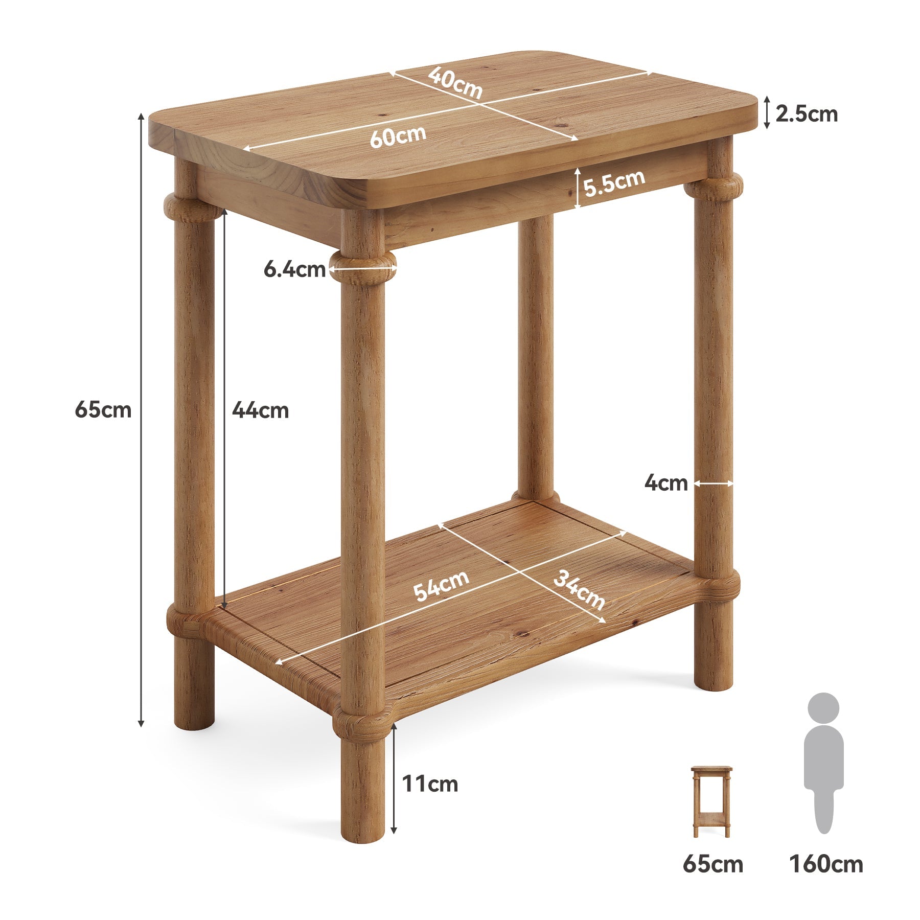 Tribesigns Table d’Appoint Country en Bois Massif à 2 Niveaux, 60 x 40 x 65 cm, Angles Arrondis