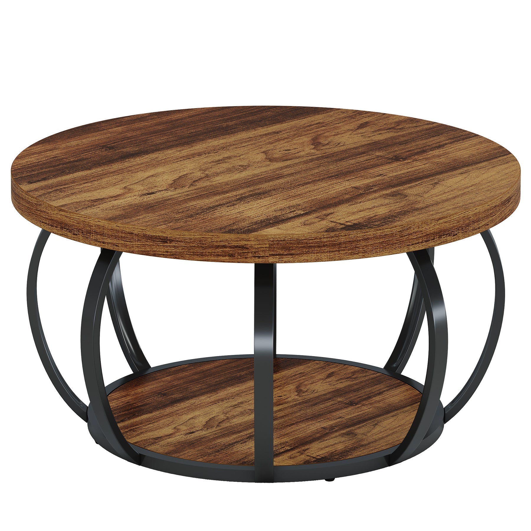 Tribesigns Ronde Salontafel, Industriële Salontafel met 2 Niveaus en Opbergplanken