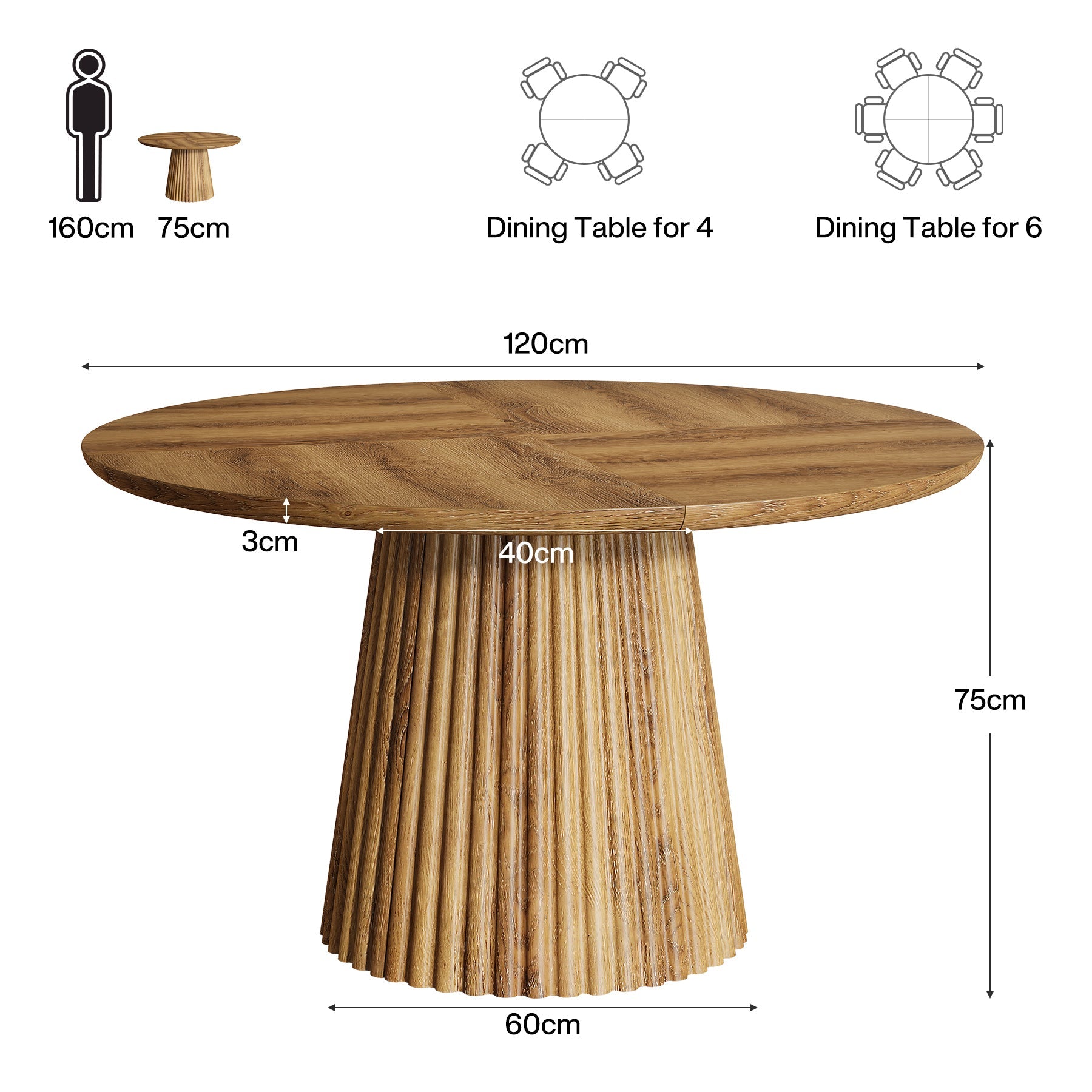 Tribesigns Table de salle à manger ronde de 120 cm pour 4 à 6 personnes, Style champêtre en bois