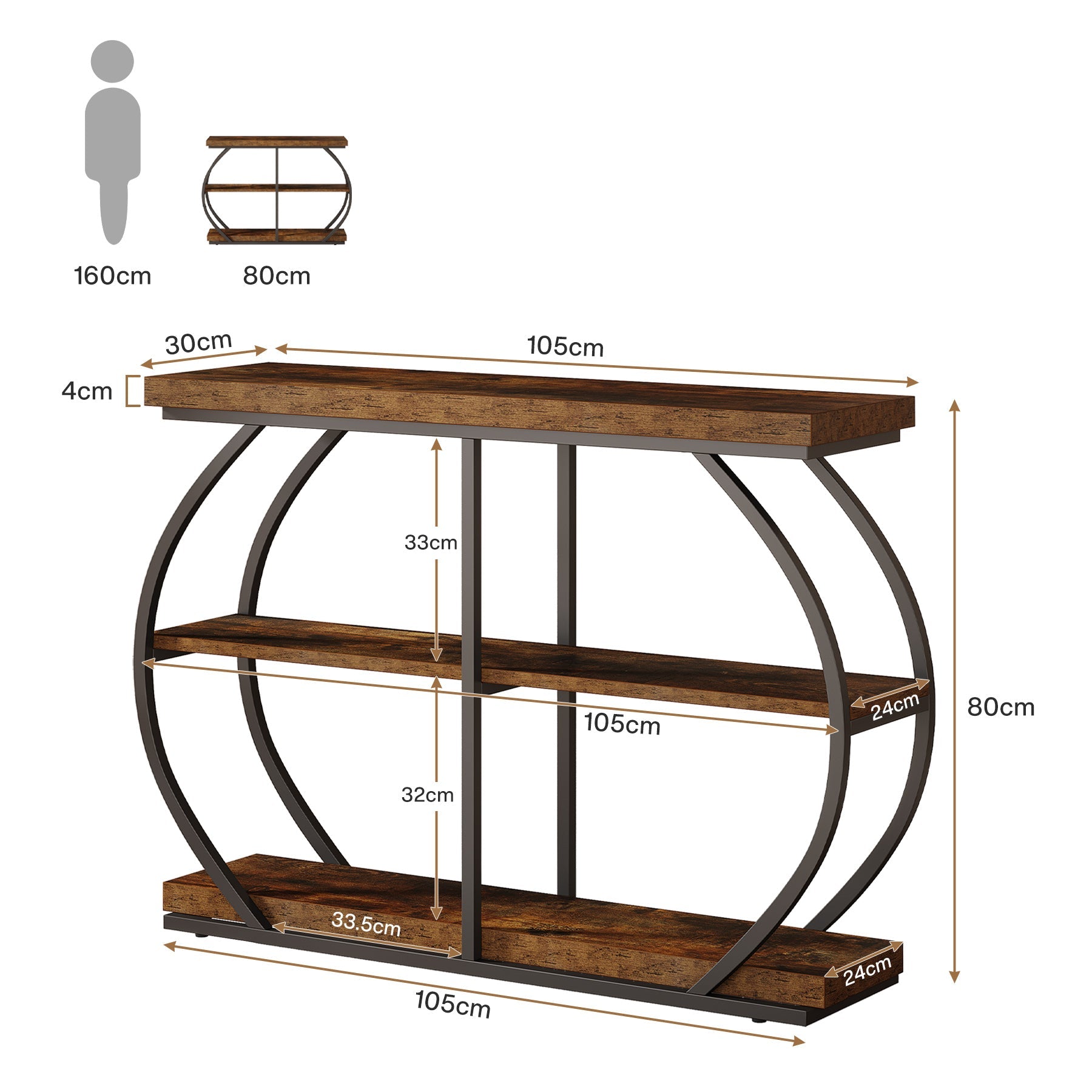Tribesigns Consoletafel van 105 cm, 3-laags haltafel met boogframe