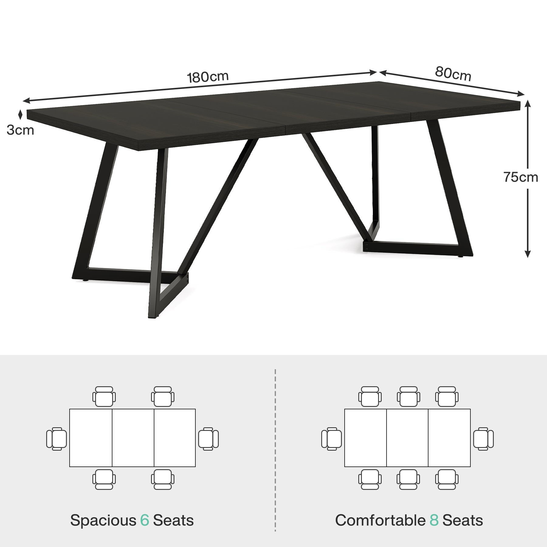 Tribesigns Table à manger de 180 cm, Table de cuisine rectangulaire moderne pour 6 à 8 personnes