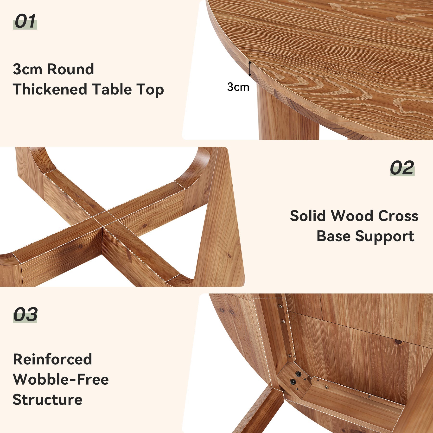 Tribesigns Table à Manger Ronde Country en Bois Massif avec Pieds en X, Ø 100 cm, pour 2 à 4 Personnes