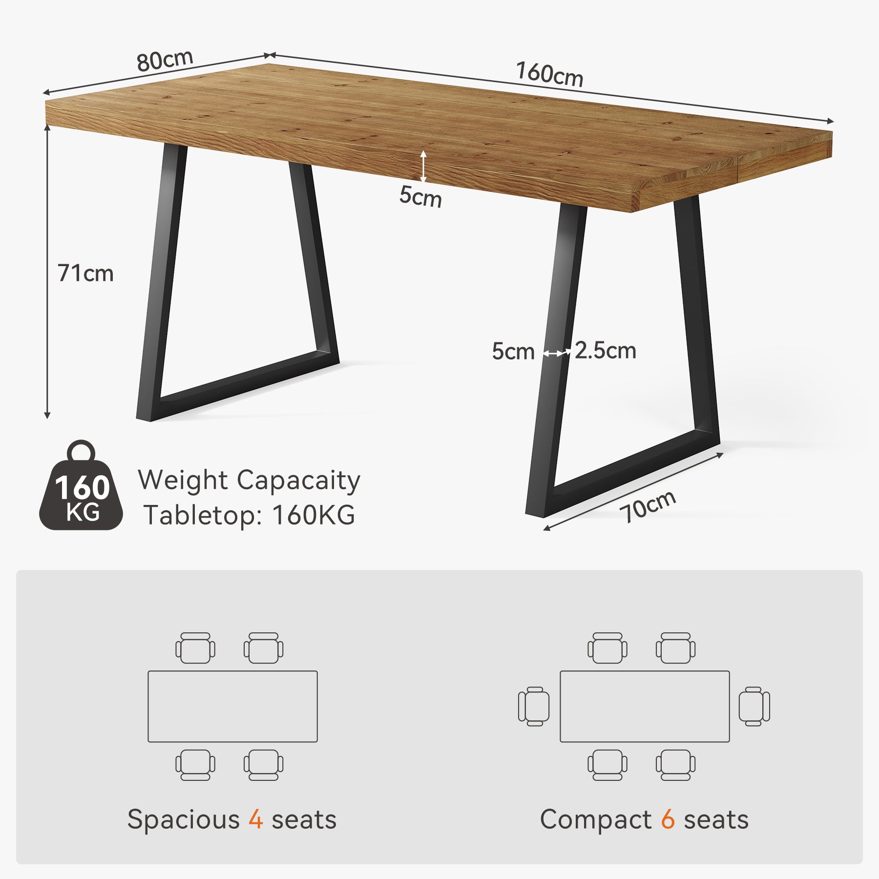 Tribesigns Table de salle à manger industrielle de 160 cm, Rectangulaire en bois massif