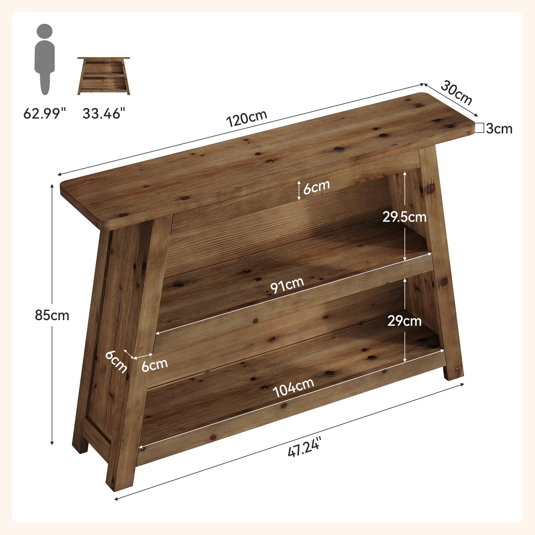 Tribesigns Console en bois massif de 120 cm à 3 niveaux, style rustique pour entrée et couloir
