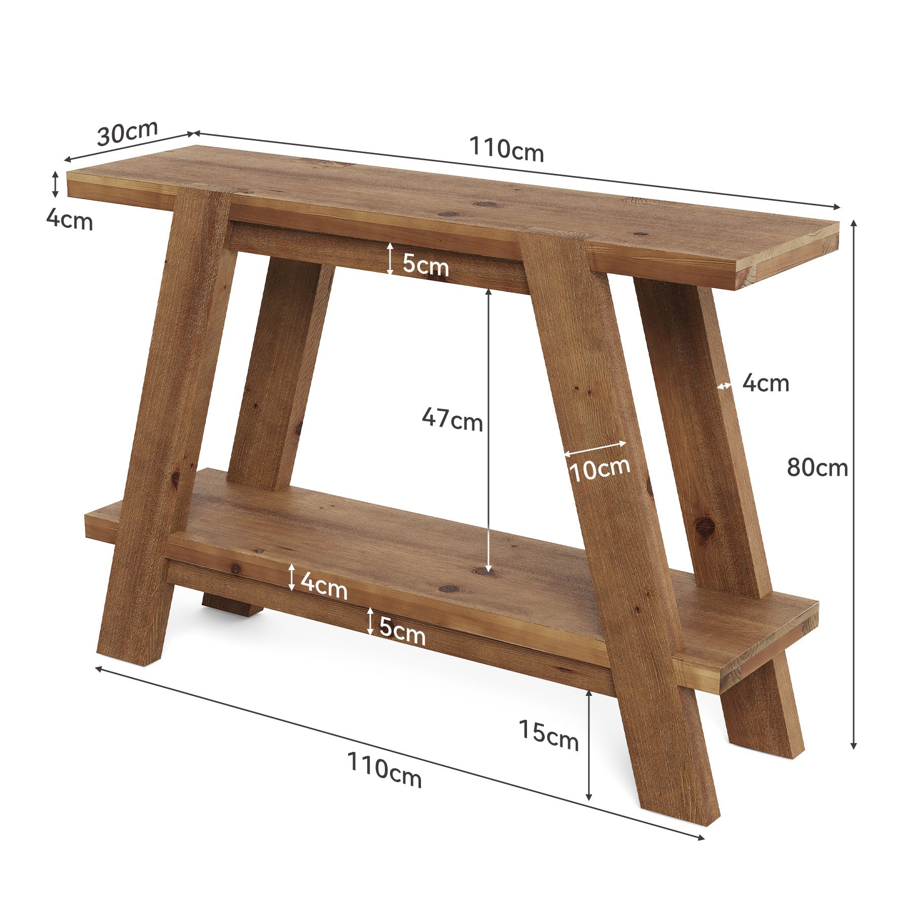 Tribesigns Console étroite en bois massif de 110 cm de long, Style campagnard Table basse avec 2 étagères