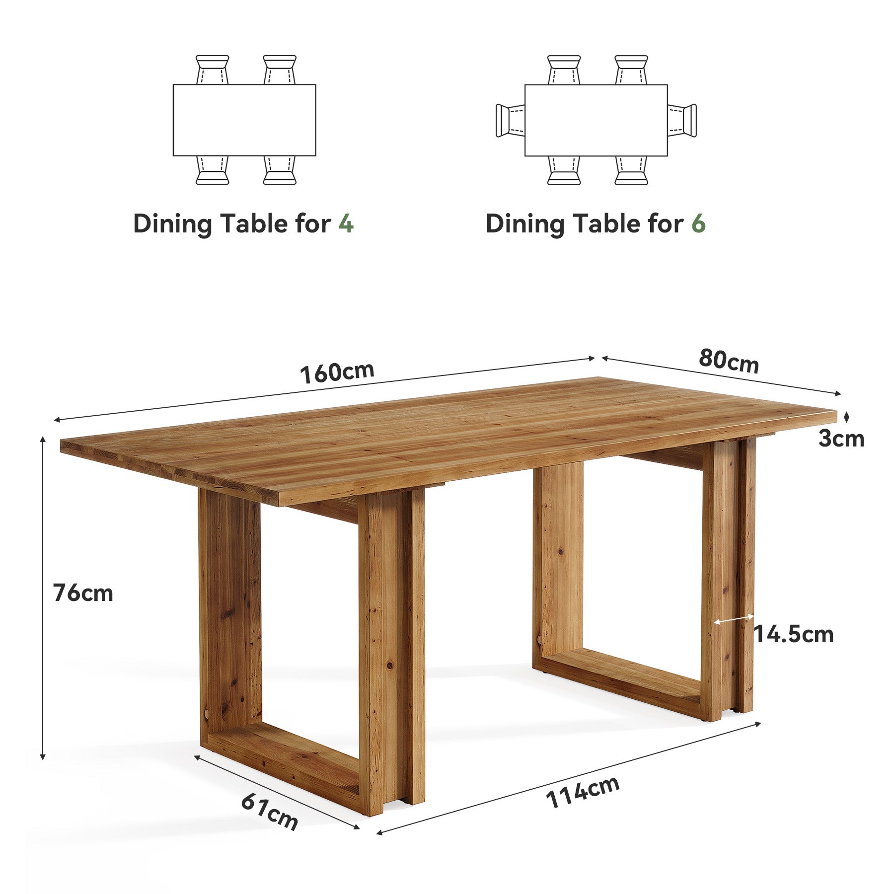 Tribesigns Table à Manger en Bois Massif de 160 cm, Table de Cuisine Rectangulaire pour 4 à 6 Personnes