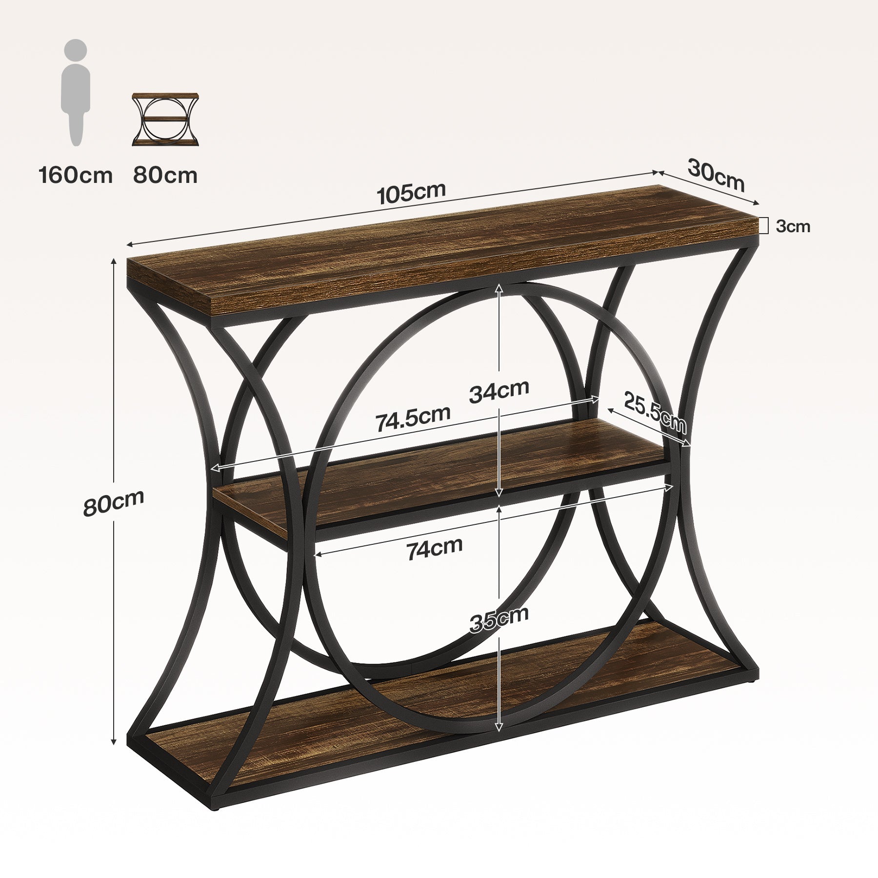 Tribesigns Console industrielle de 105 cm, table d’entrée étroite avec 3 étagères de rangement