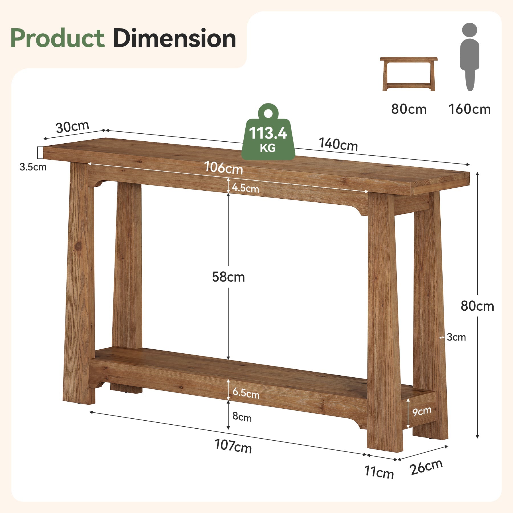 Tribesigns Console en Bois Massif de 140 cm avec Étagère, Table d’Entrée Étroite en Sapin