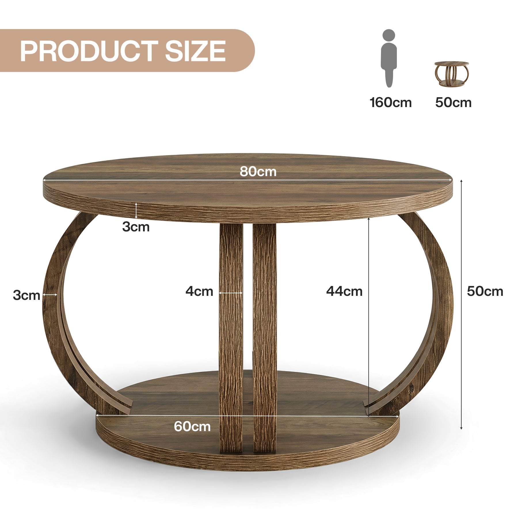 Tribesigns Table basse ronde 80 cm avec étagère, Table de salon avec piètement en colonne sculpturale
