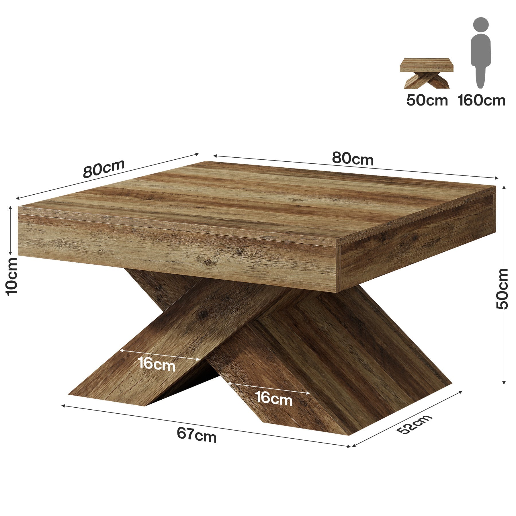 Tribesigns Table Basse Carrée de 80 cm, Table Rustique pour Petits Espaces avec Base en X