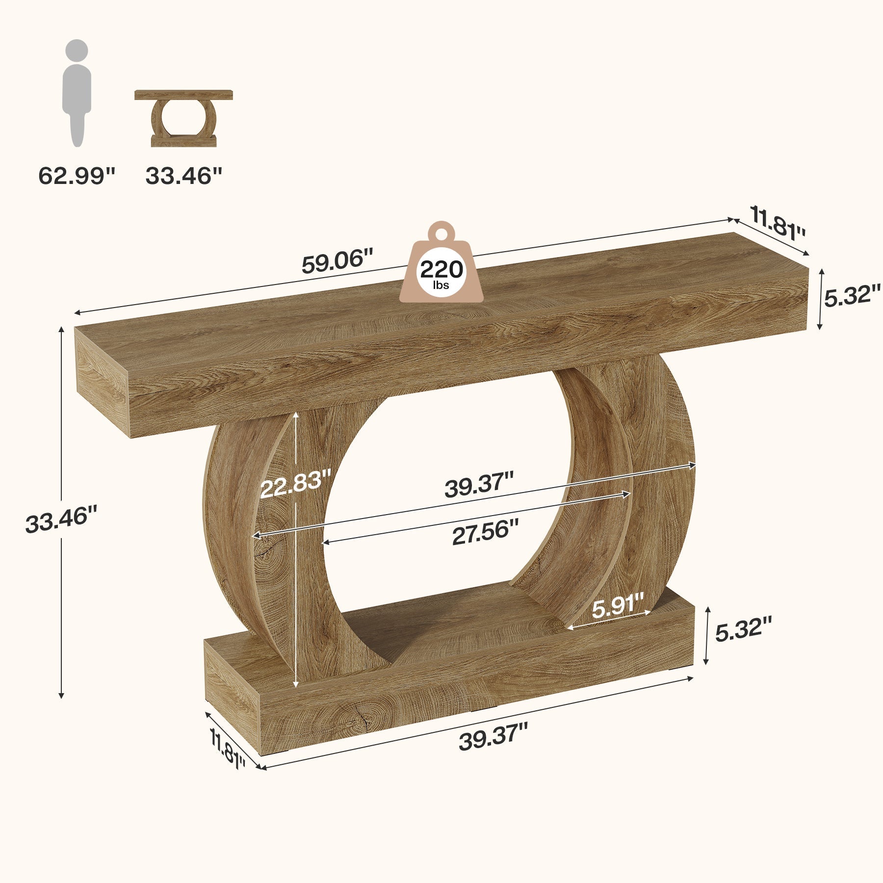 Console rustique 150 x 30 x 85 cm avec base ronde ouverte, Table d'entrée étroite à 2 niveaux pour couloir et salon