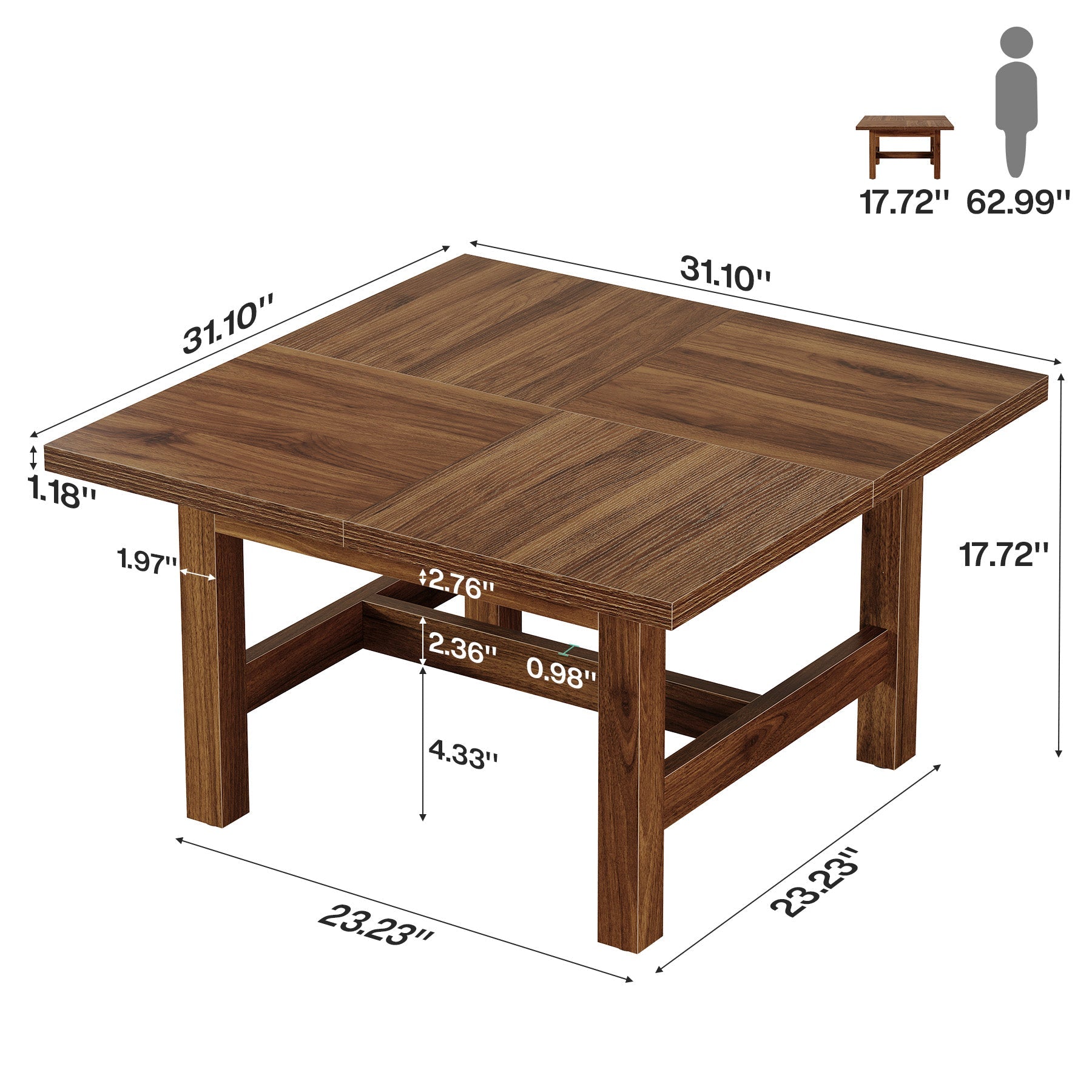 Tribesigns Table Basse Carrée 79 cm avec Pieds Robustes et Grand Plateau