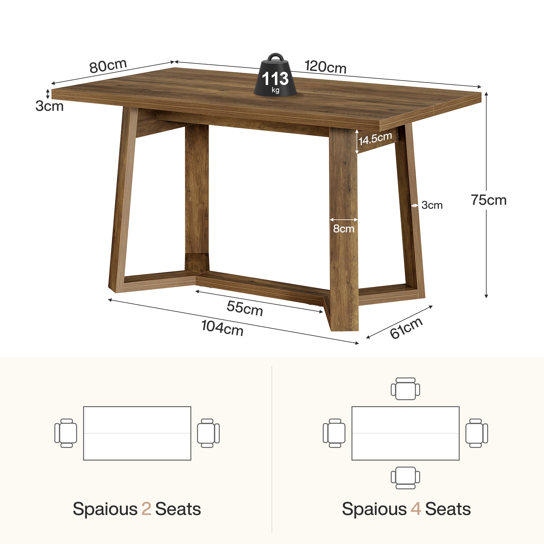Tribesigns Table de salle à manger moderne de 120 cm pour 4 à 6 personnes en MDF aspect bois massif