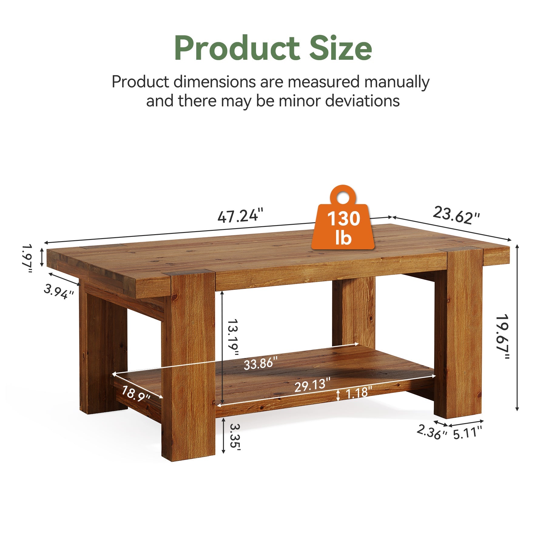 Tribesigns Table Basse Rectangulaire en Bois Massif de 120 cm avec Étagère