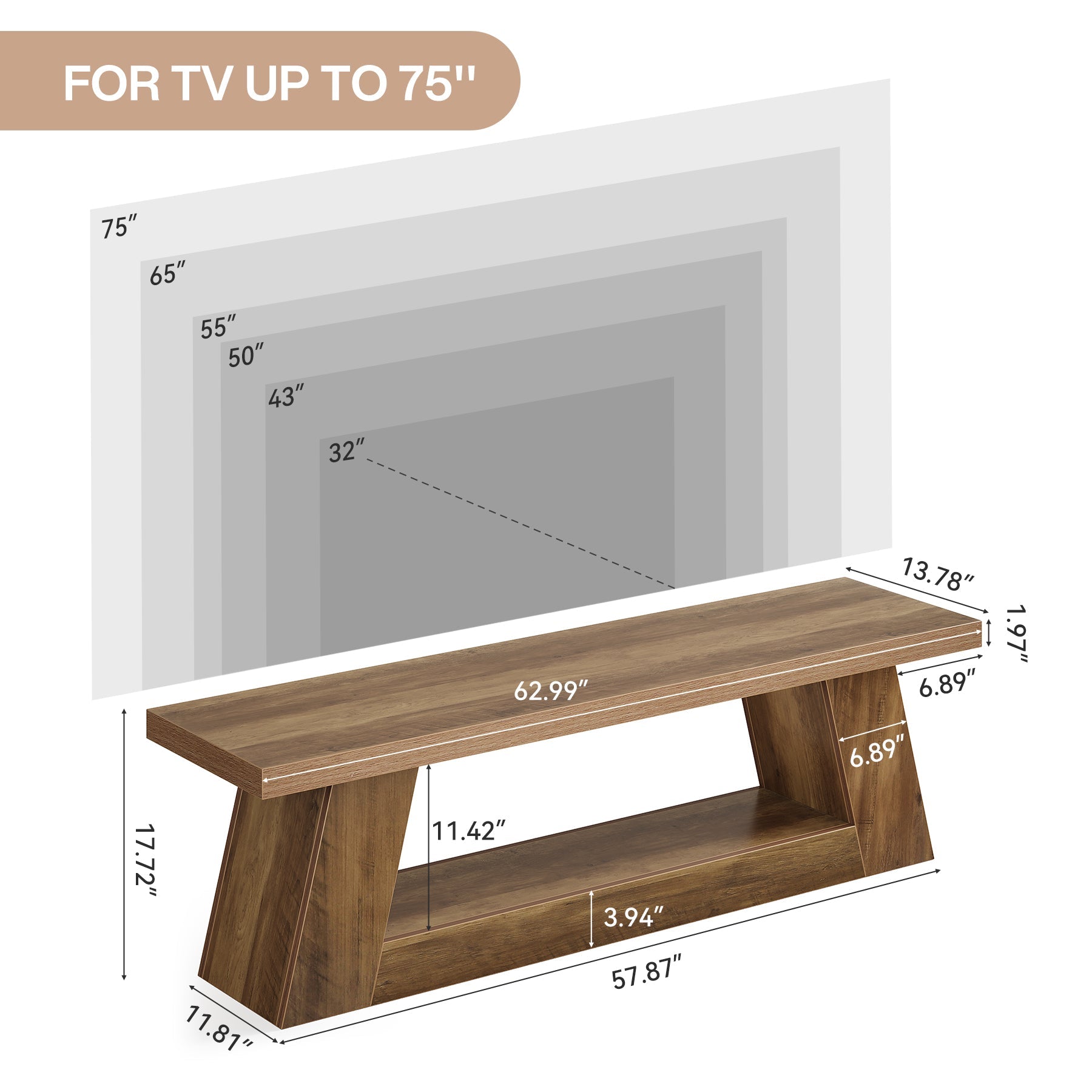 Tribesigns TV-meubel laag 160 cm voor televisies, rustieke stijl met open planken