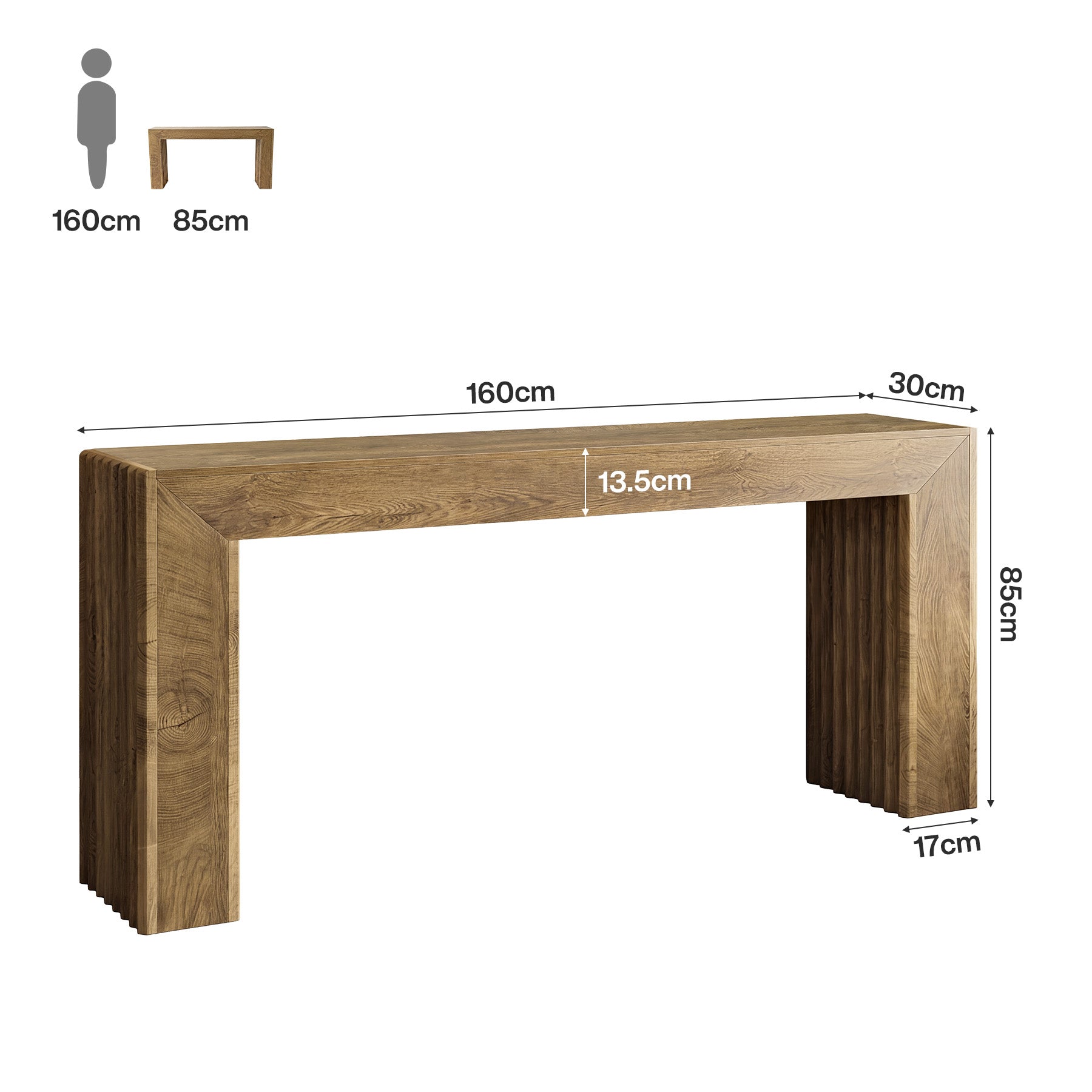 Console de 160 cm avec pieds colonnes cannelés, Table d'entrée étroite de style romain