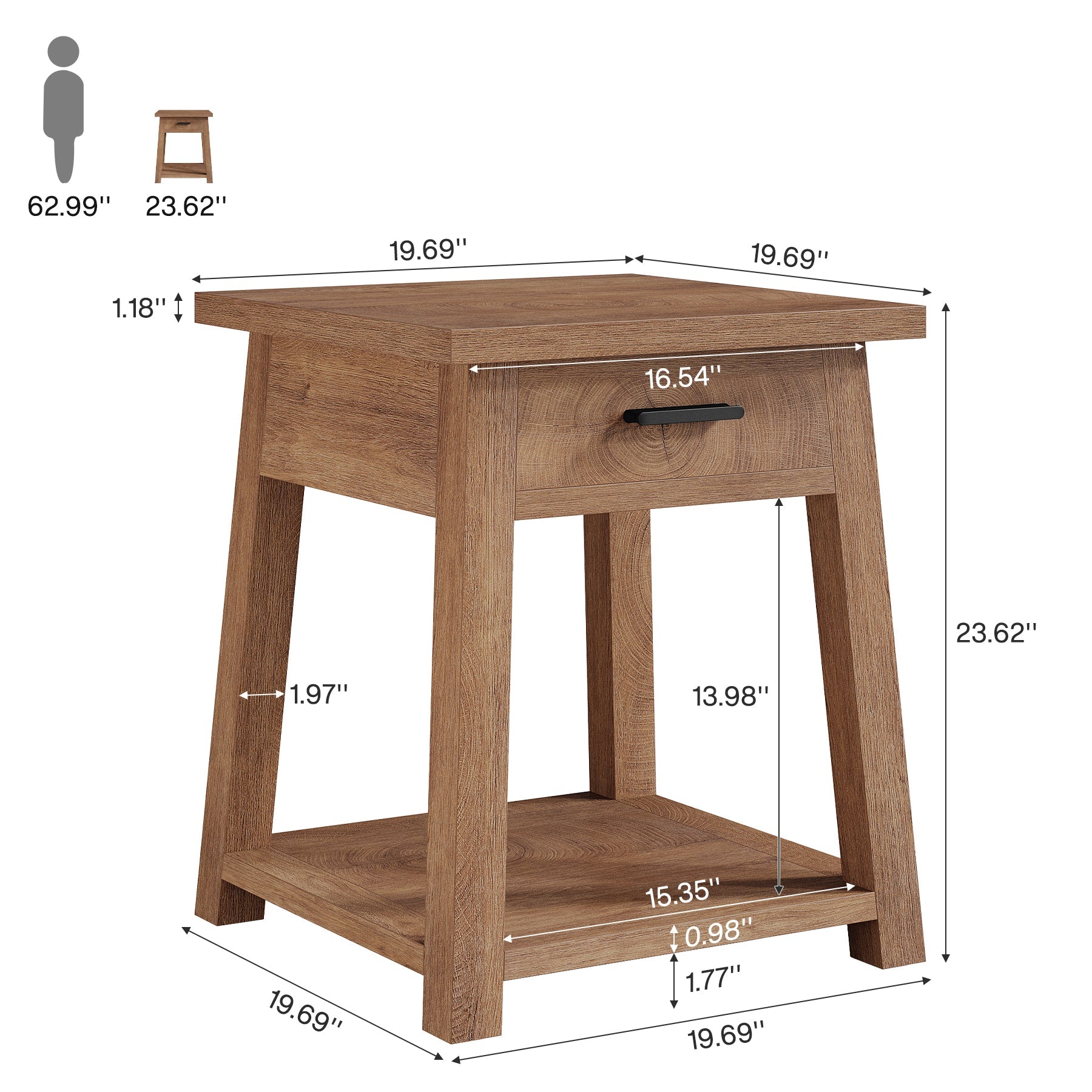 Table de chevet avec tiroir et étagère, Table d'appoint de style champêtre pour chambre et salon