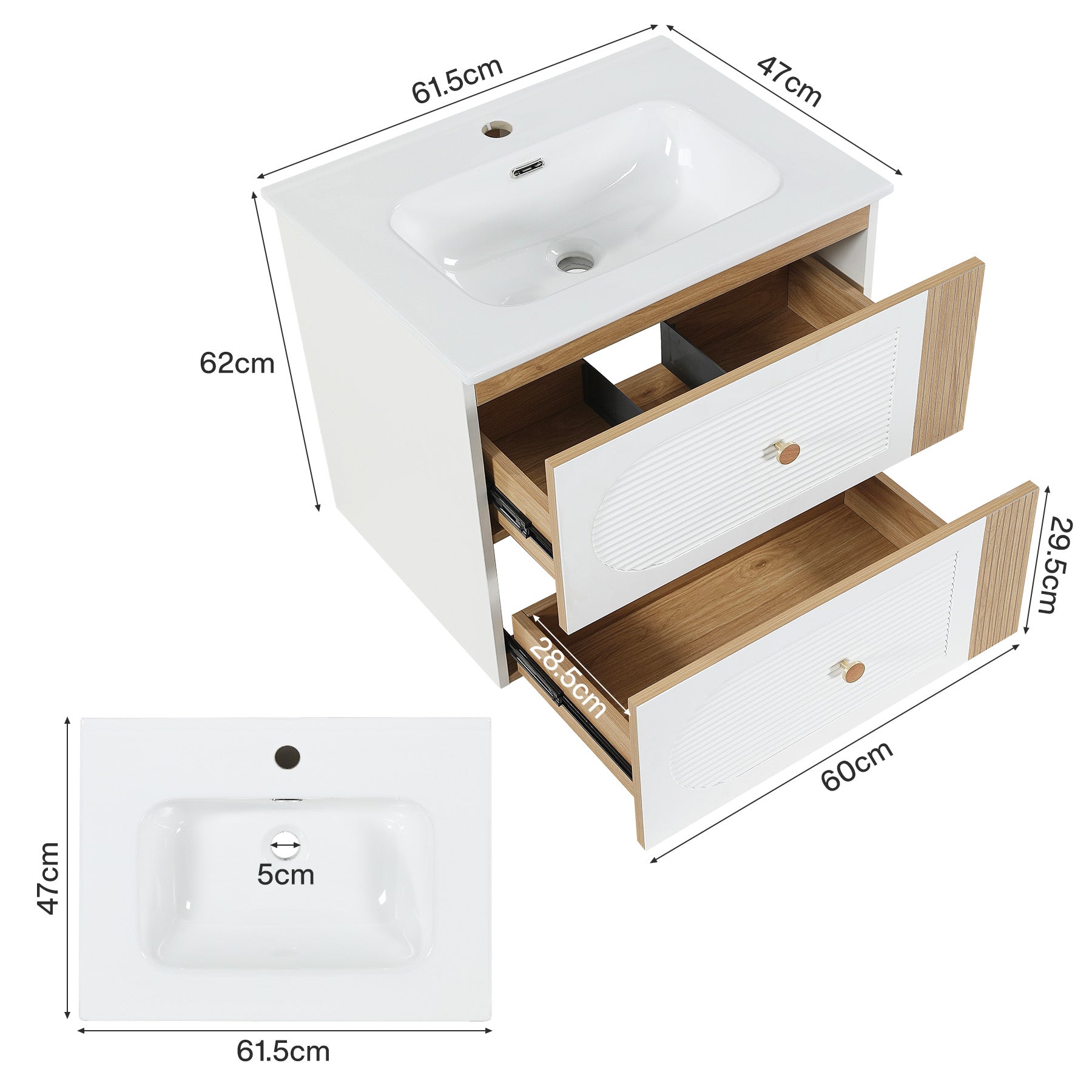 Tribesigns Meuble de Salle de Bain Suspendu 60 cm avec Vasque en Céramique, Blanc, 2 Tiroirs