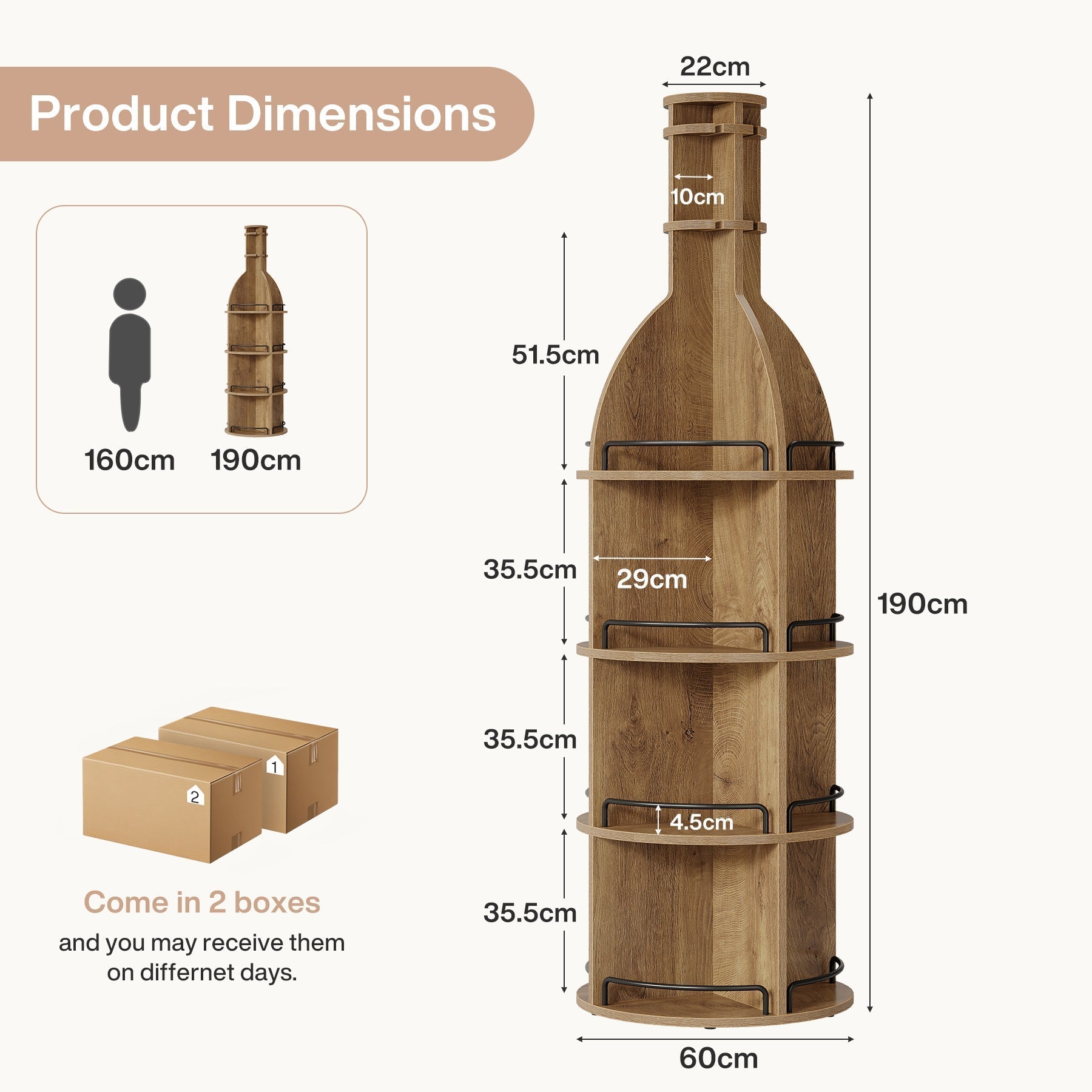 Casier à vin de 190 cm de haut avec étagères de rangement, Meuble à vin rond de style industriel avec porte-verres