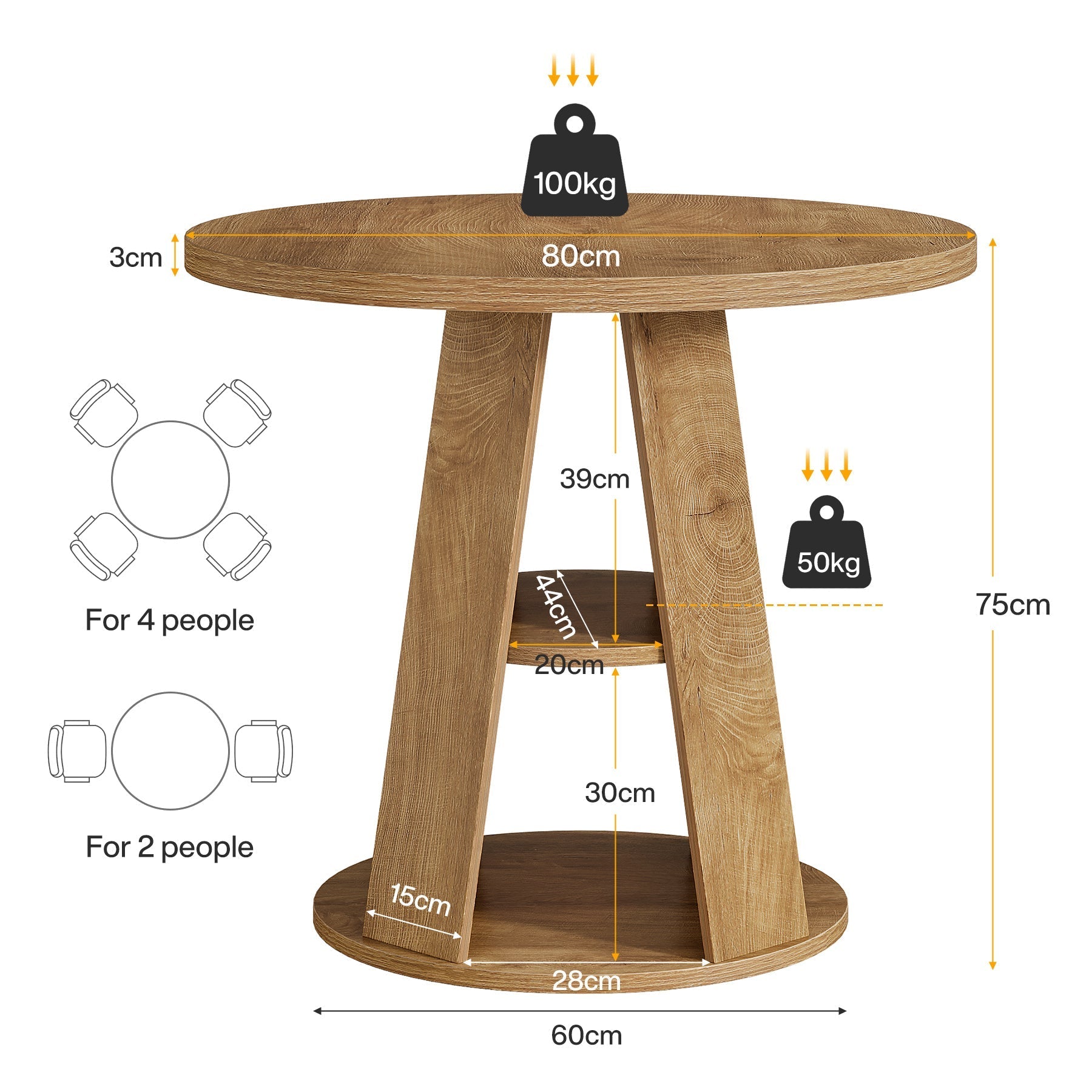 Tribesigns Ronde Eettafel 80 cm voor 2-4 Personen, Kleine Keukentafel