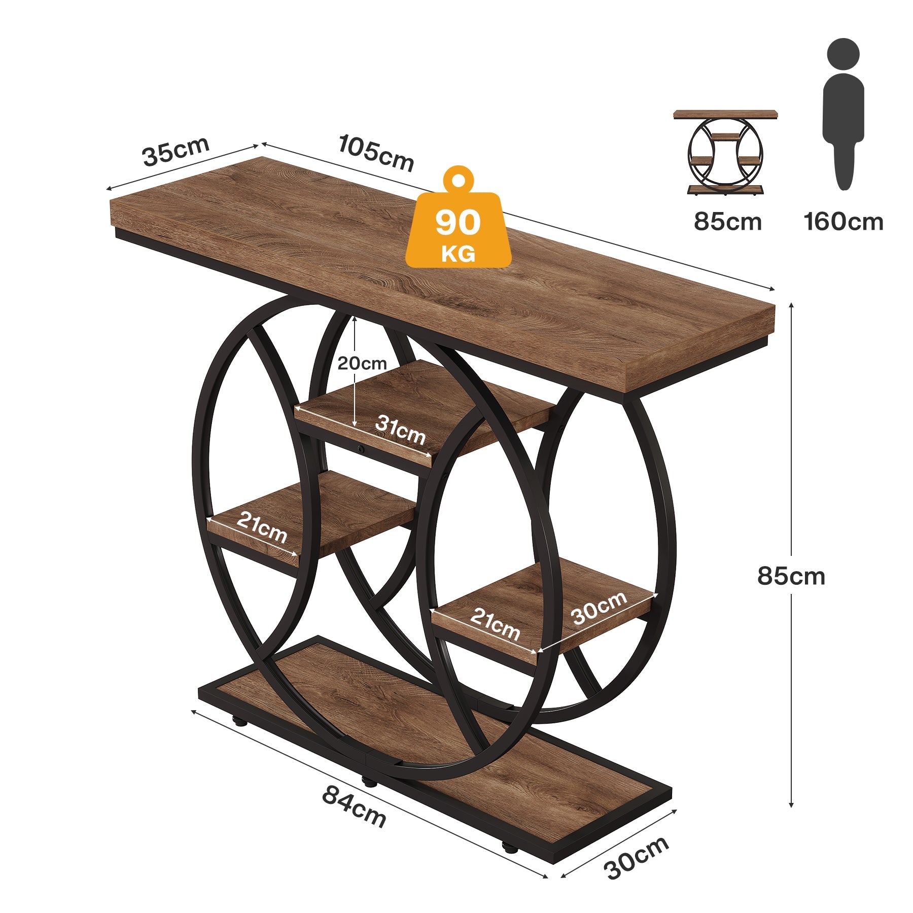 Tribesigns Console industrielle de 105 cm avec 4 étagères et structure métallique circulaire