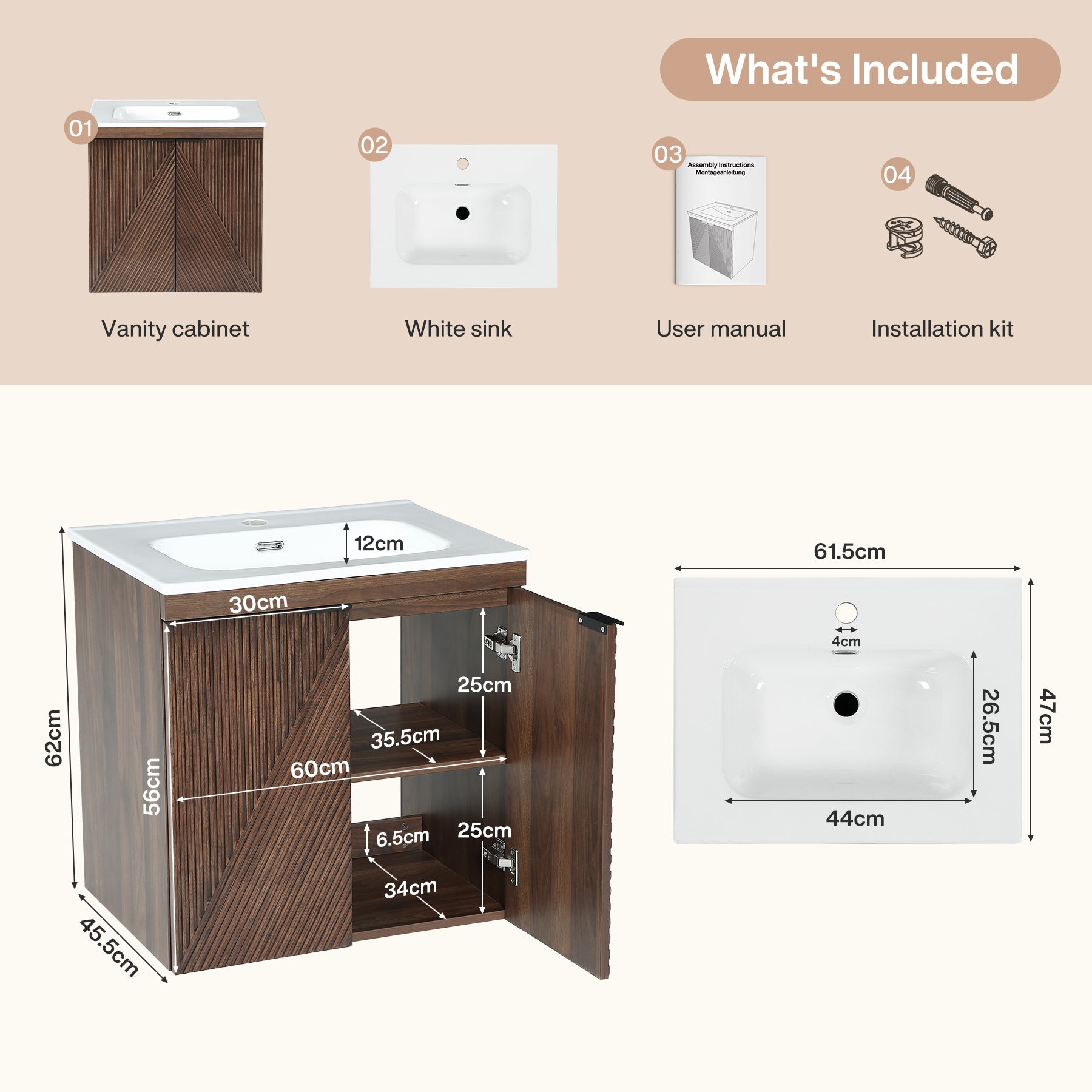 Tribesigns Meuble de Salle de Bain Suspendu 60 cm avec Vasque en Céramique