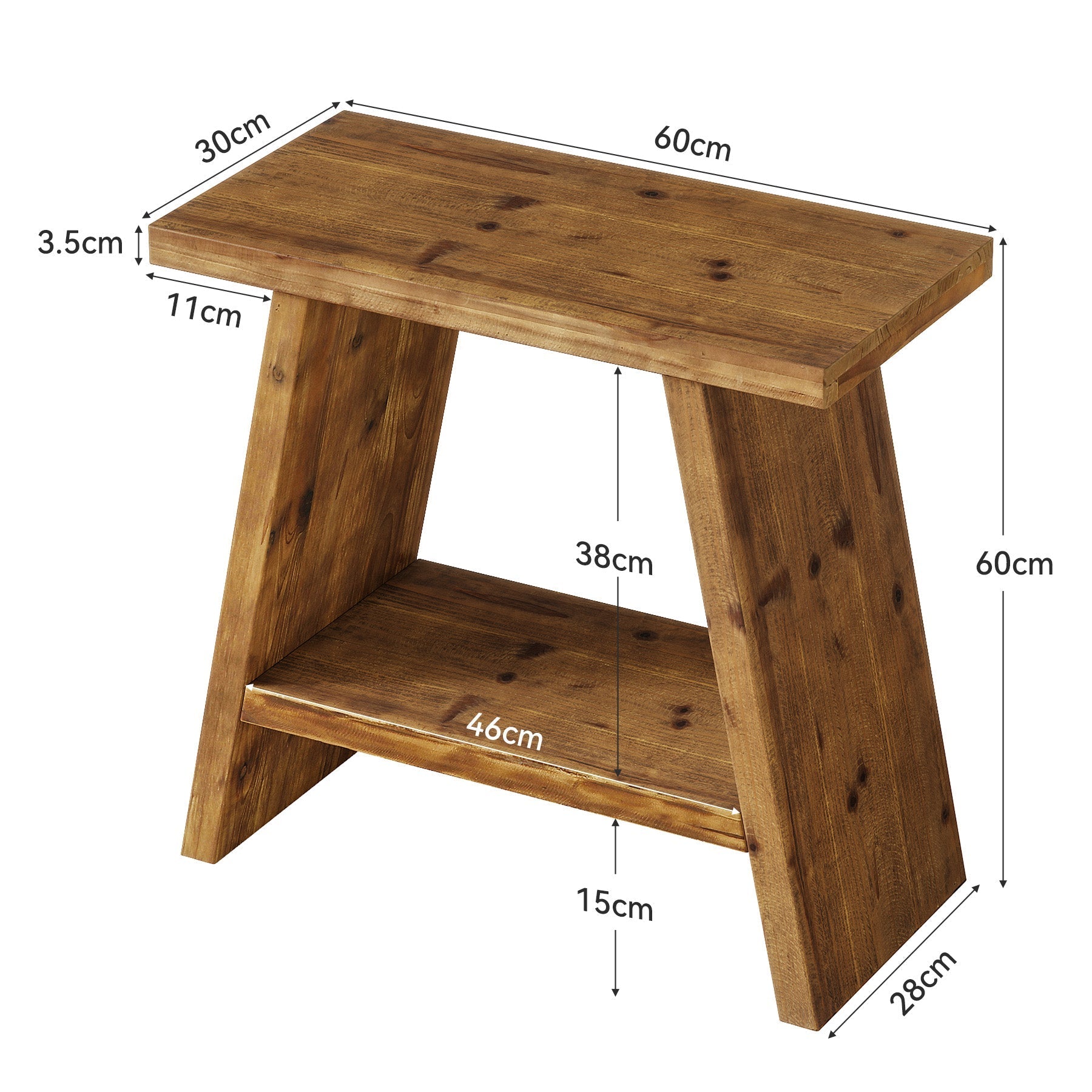 Table d'appoint étroite en bois massif (60 x 30 cm) avec rangement à 2 niveaux, Style rustique, idéale pour le salon et la chambre