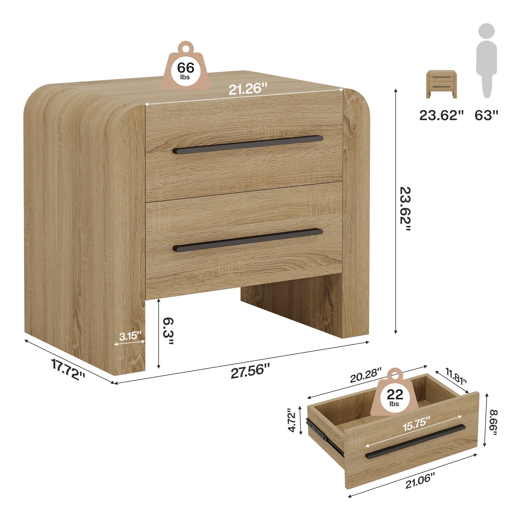 Tribesigns Table de chevet avec 2 tiroirs, 70 cm Table d'appoint moderne avec espace de rangement