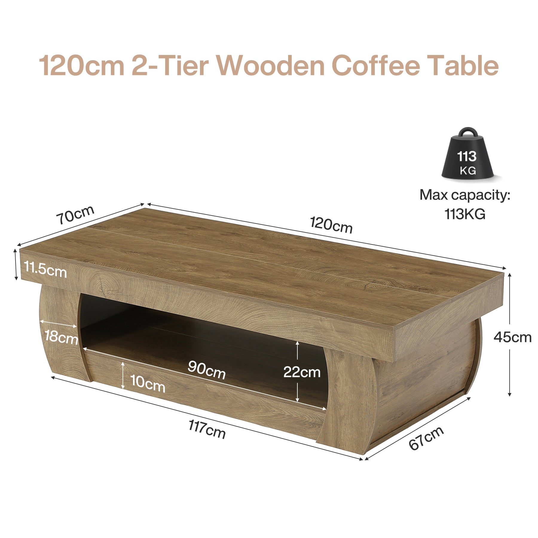 Tribesigns Table basse moderne de 140 cm avec étagère de rangement ouverte, Table de salon rectangulaire aux côtés incurvés