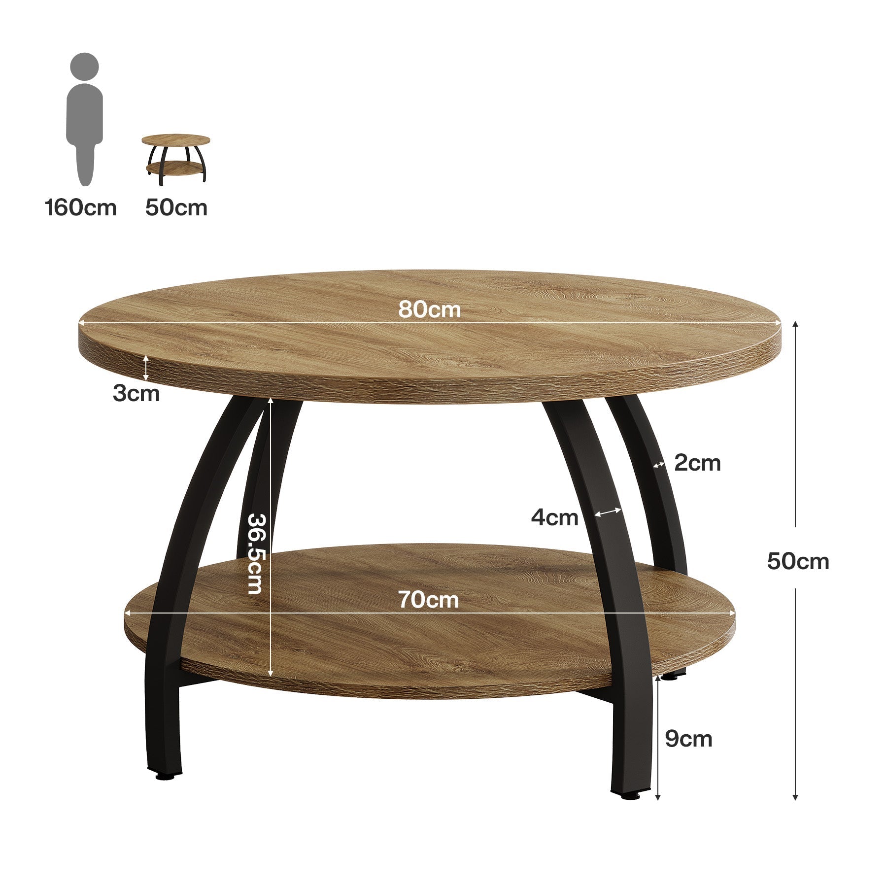 Tribesigns Table basse ronde de 80 cm avec 2 étagères, Petite table d'appoint de style industriel avec pieds en métal