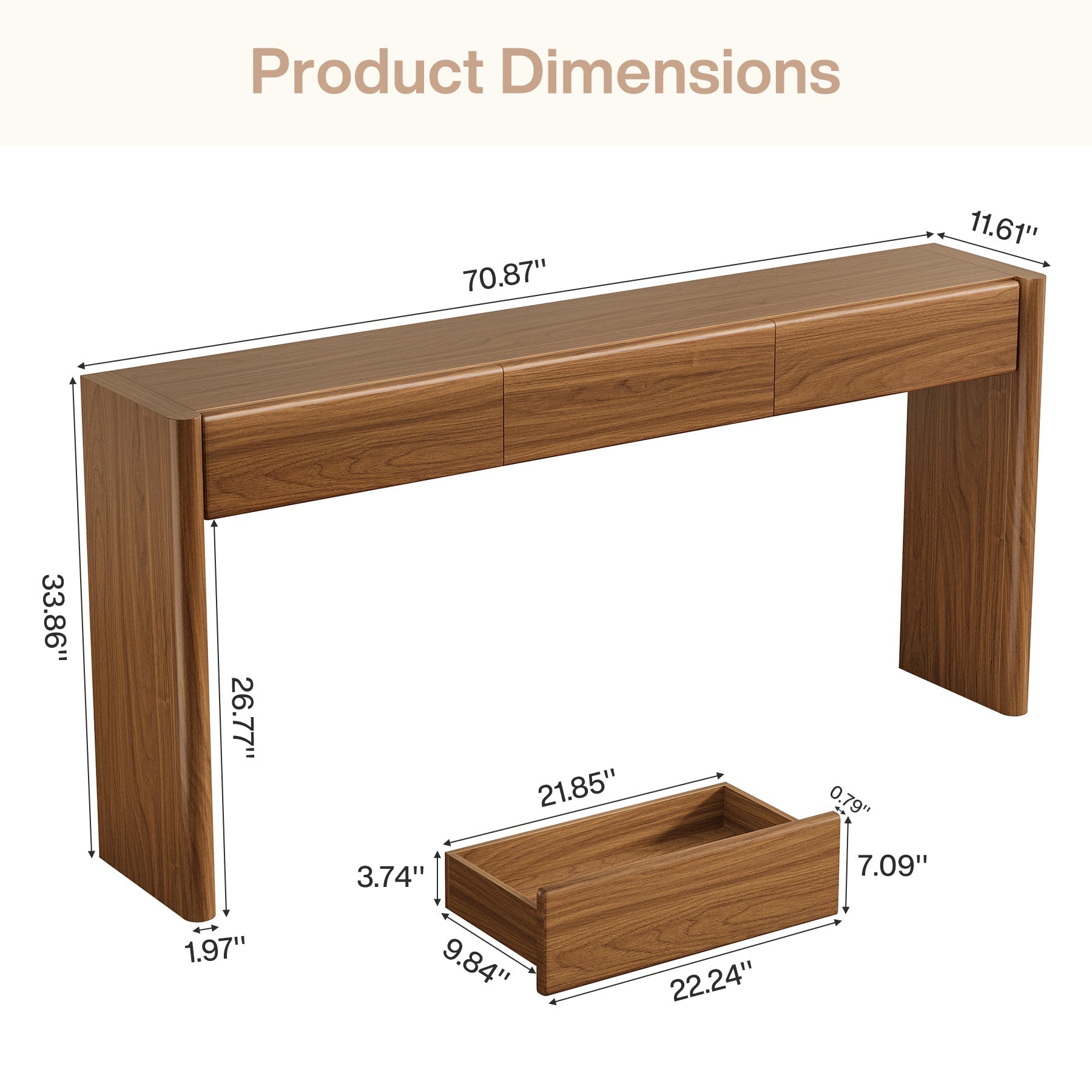 Tribesigns Console de 180 cm avec 3 tiroirs, Table d'entrée étroite marron vintage Table basse en bois avec étagère