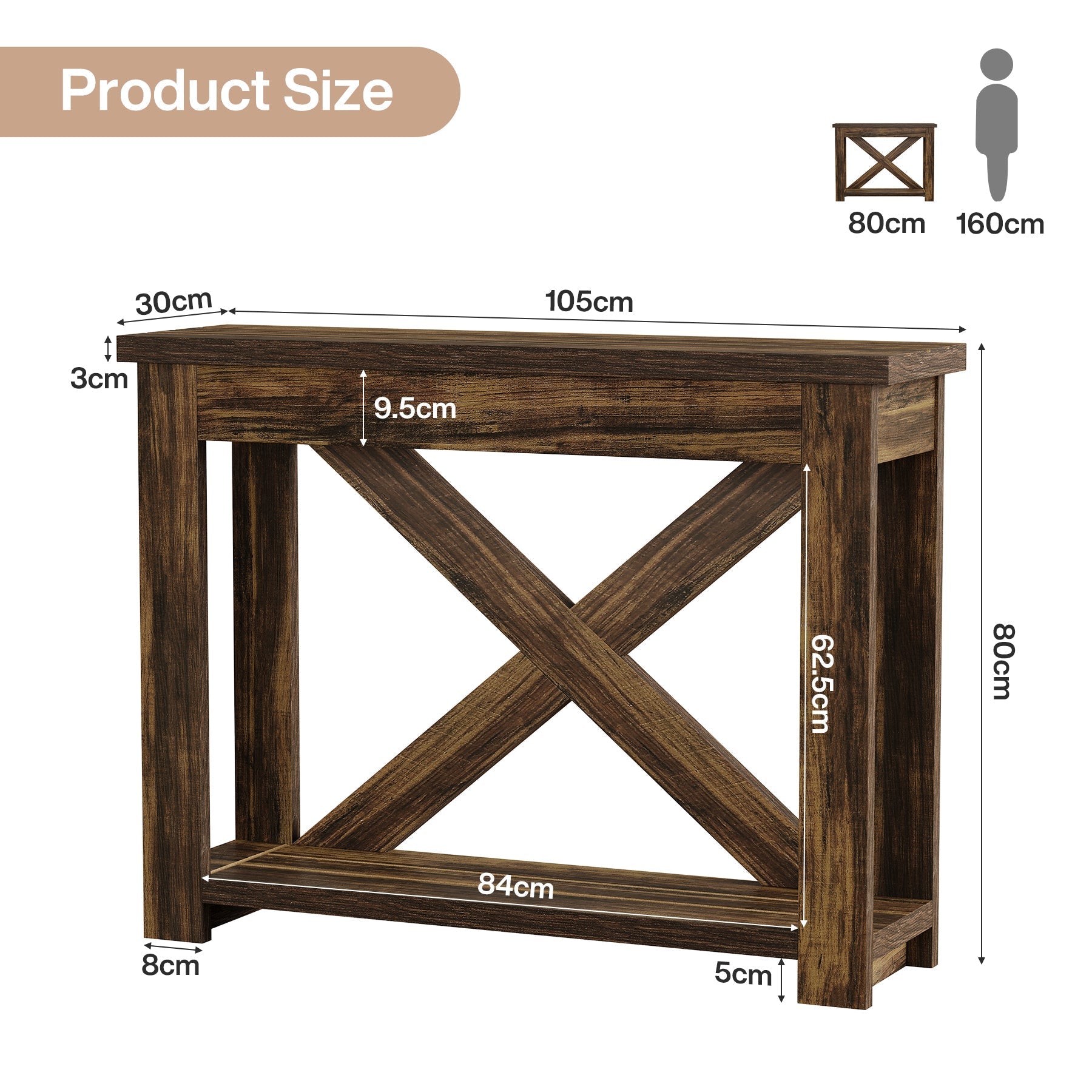 Tribesigns Console de 105 cm de long style champêtre avec étagère, Table d'entrée étroite à 2 niveaux