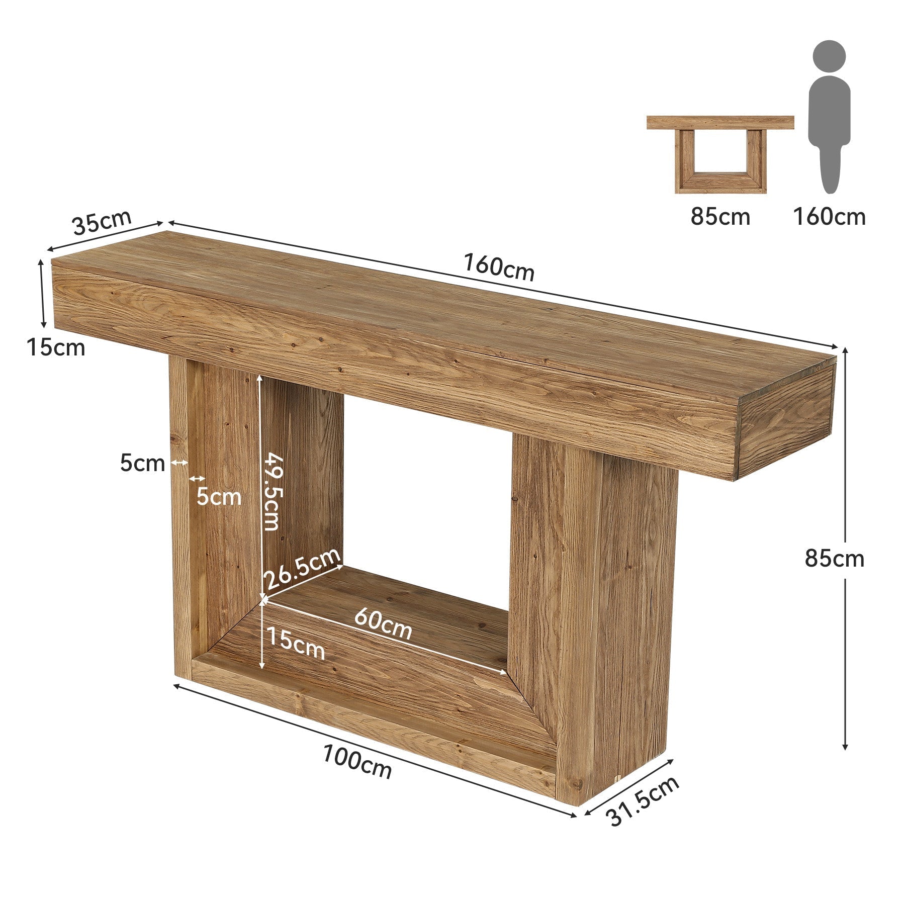 Tribesigns 160cm Massief houten smalle console tafel, landelijke stijl met U-vormige basis en plank