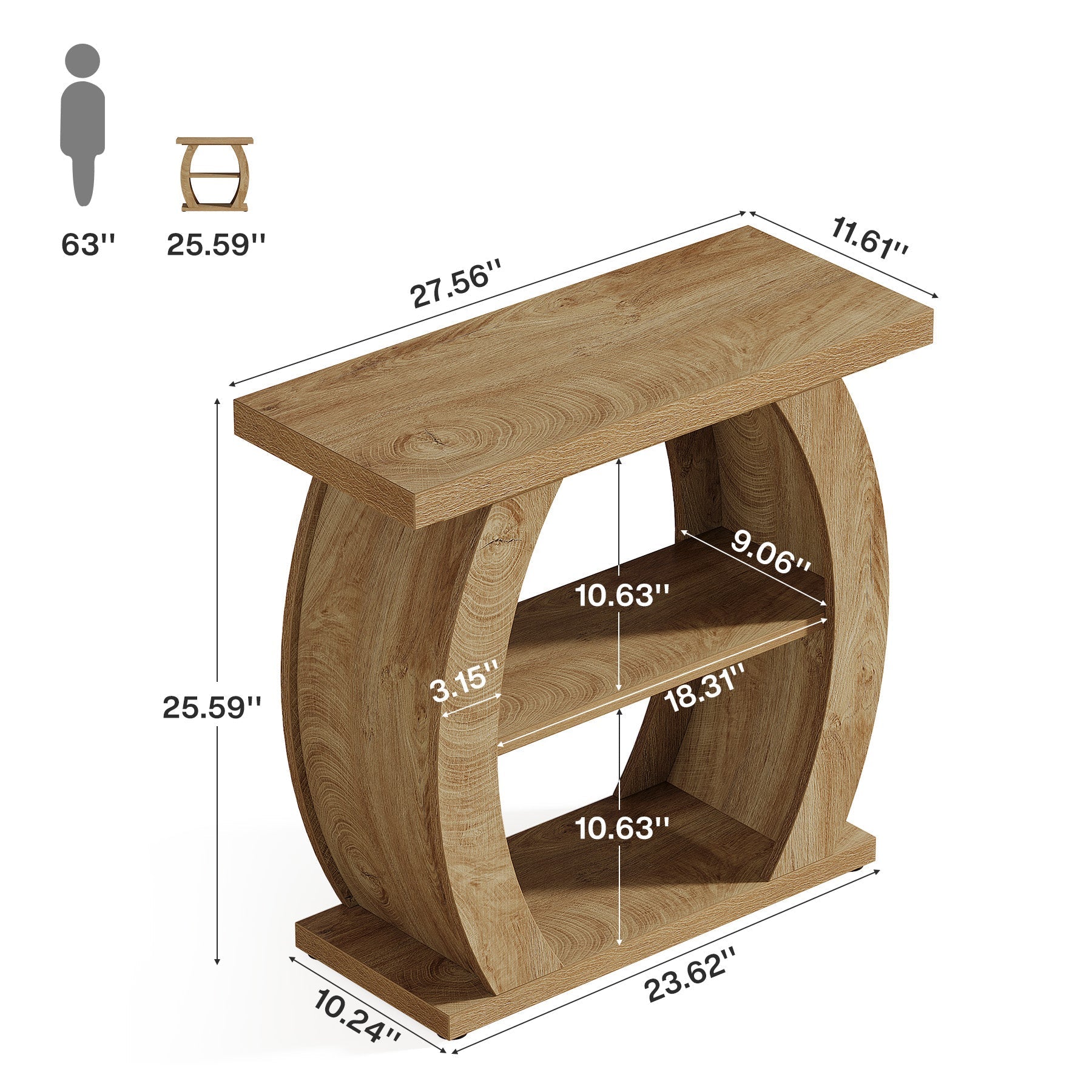 Tribesigns Smalle Bijzettafel voor Woonkamer of Slaapkamer, 60 cm Tafel met 3 Opbergniveaus