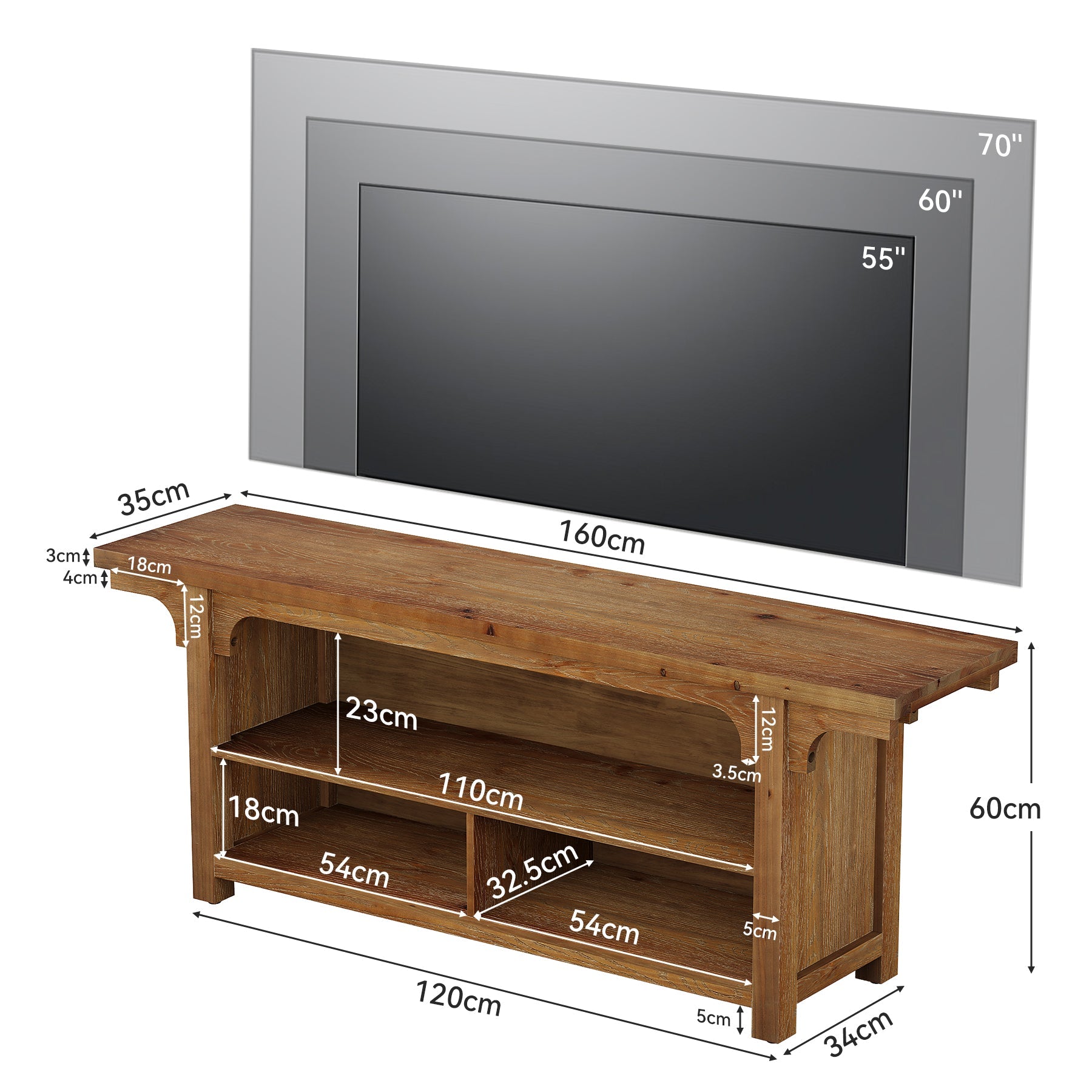 Tribesigns Meuble TV Bas en Bois Massif 160 cm pour TV 55 à 70 Pouces avec 3 Compartiments Ouverts