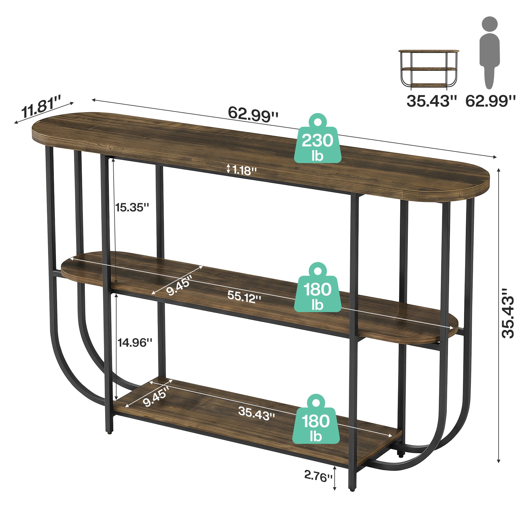 Tribesigns Console 160 cm, Table d’Entrée Étroite à 3 Niveaux avec Structure en Métal