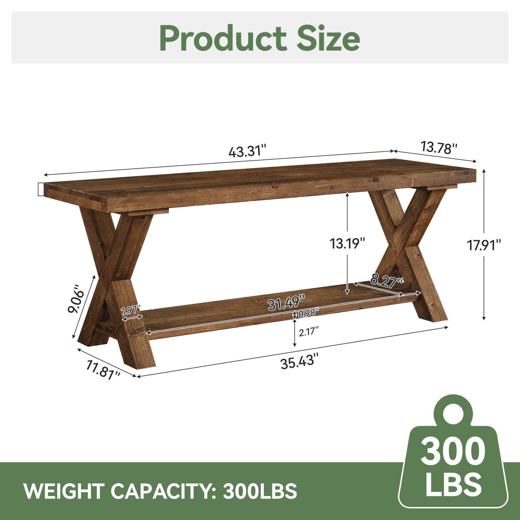 Tribesigns Banc en bois massif de 110 cm avec compartiment de rangement, Banc à chaussures de style campagnard avec structure en X, couleur marron