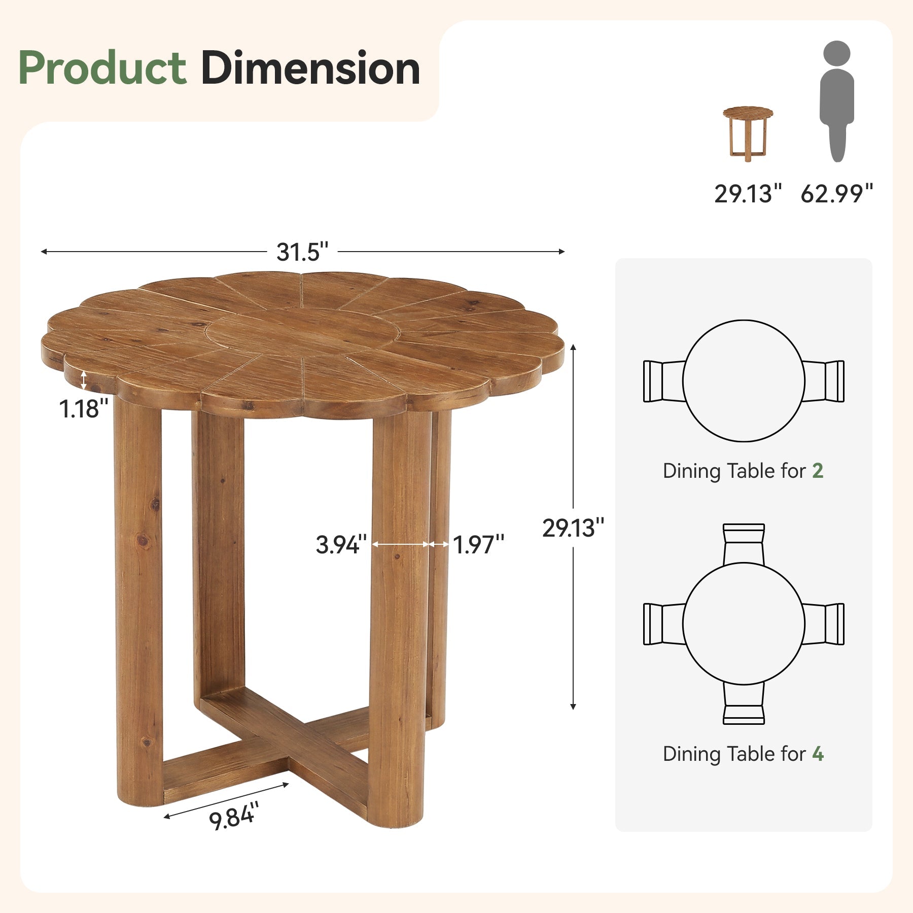 Tribesigns Table à Manger Ronde en Bois Massif 80 cm pour 2 à 4 Personnes