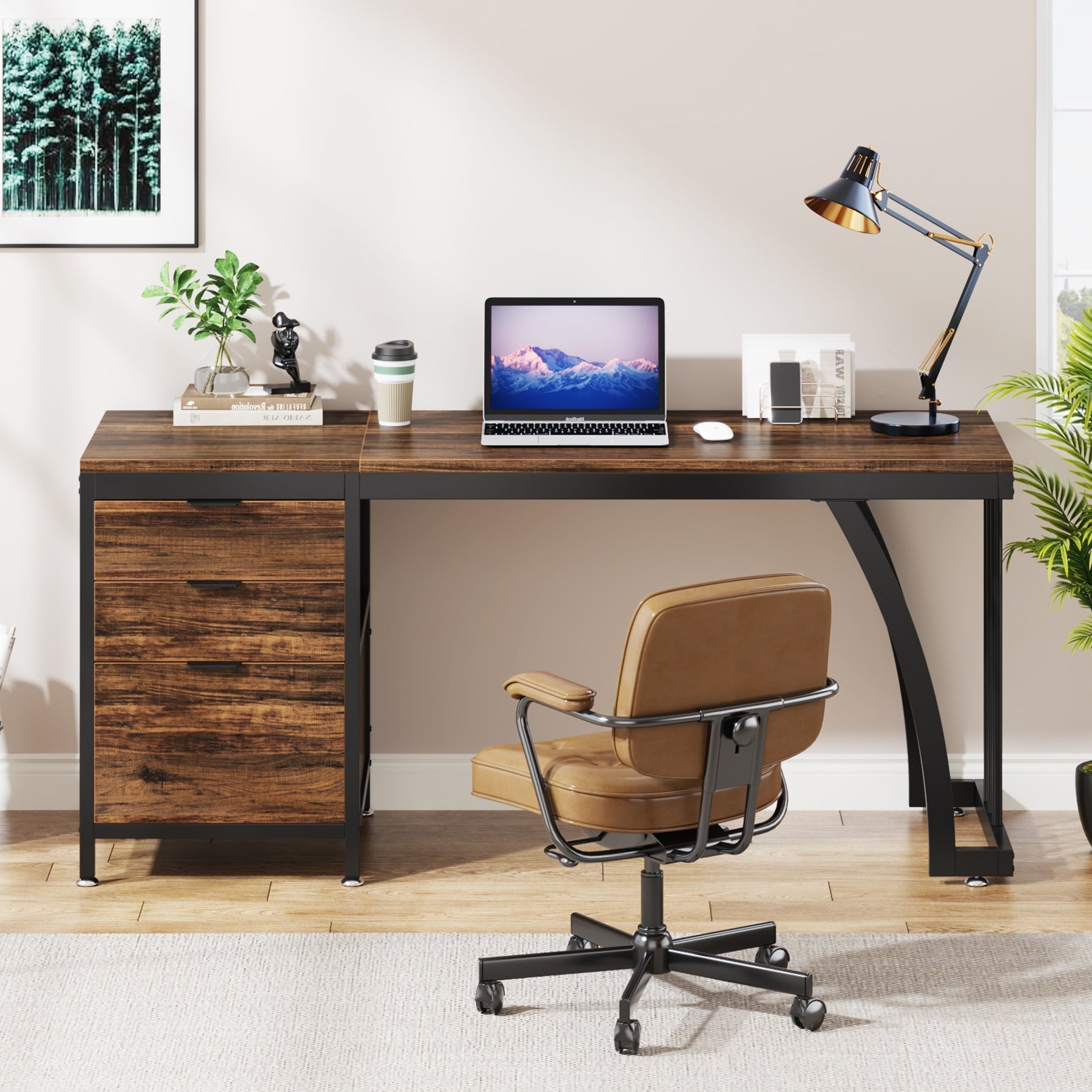 Tribesigns Bureau informatique industriel, Bureau 150 cm avec armoire à tiroirs réversible