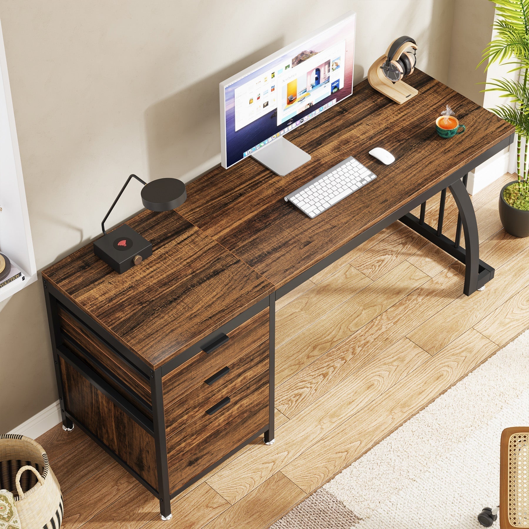 Tribesigns Bureau informatique industriel, Bureau 150 cm avec armoire à tiroirs réversible