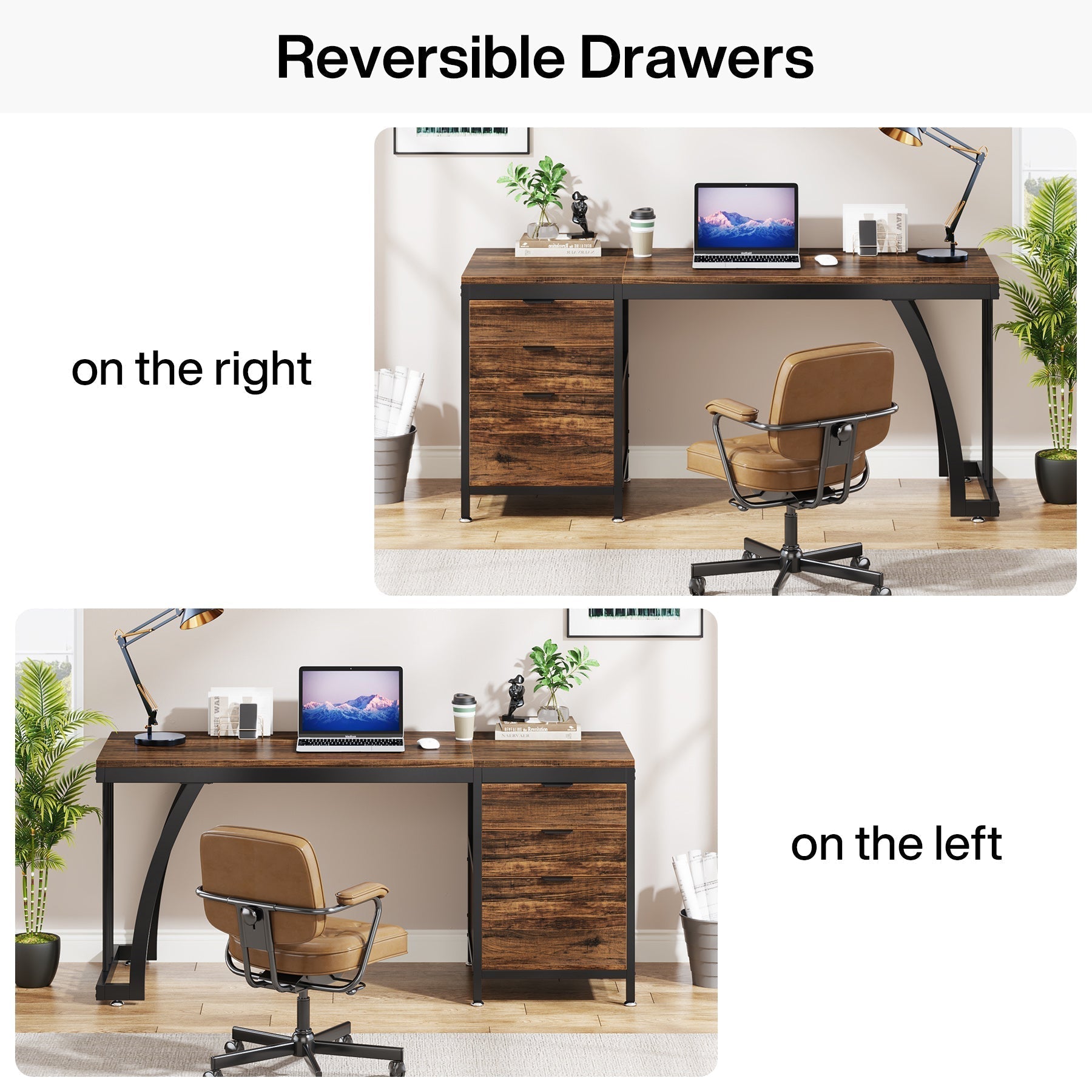 Tribesigns Bureau informatique industriel, Bureau 150 cm avec armoire à tiroirs réversible